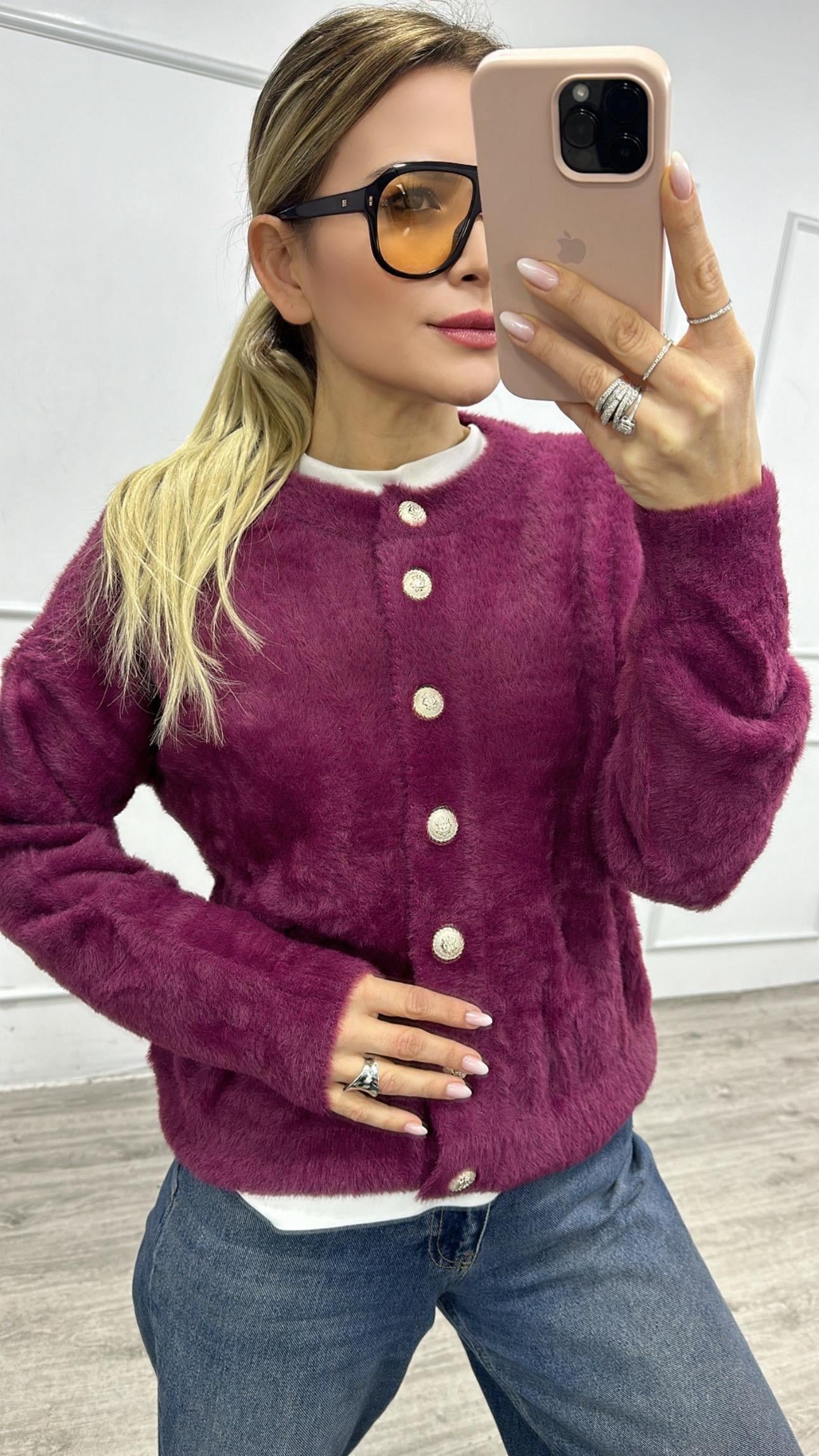 Mor Angora Düğmeli Hırka