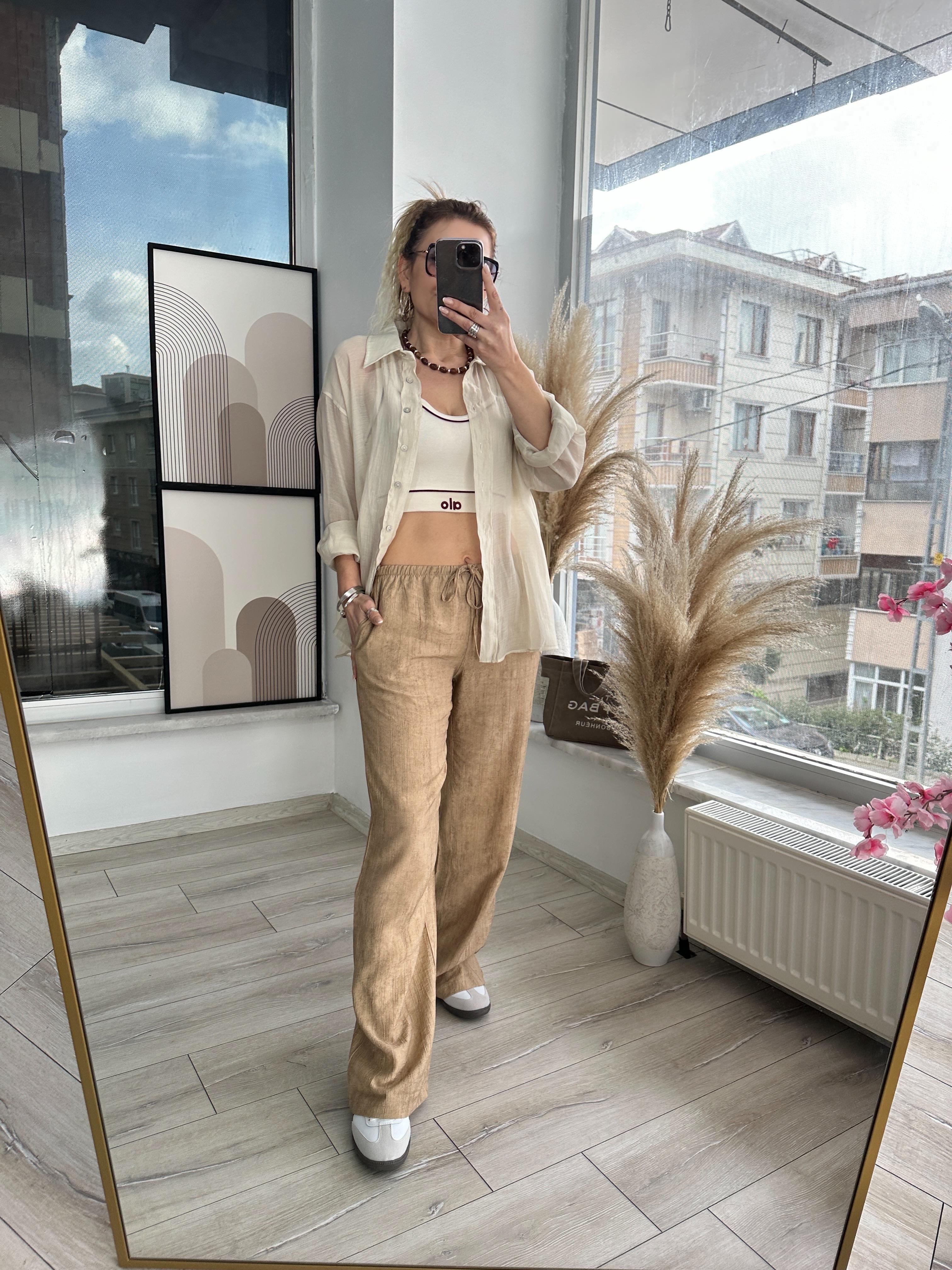 MSM Bej Beli Lastikli Pantolon