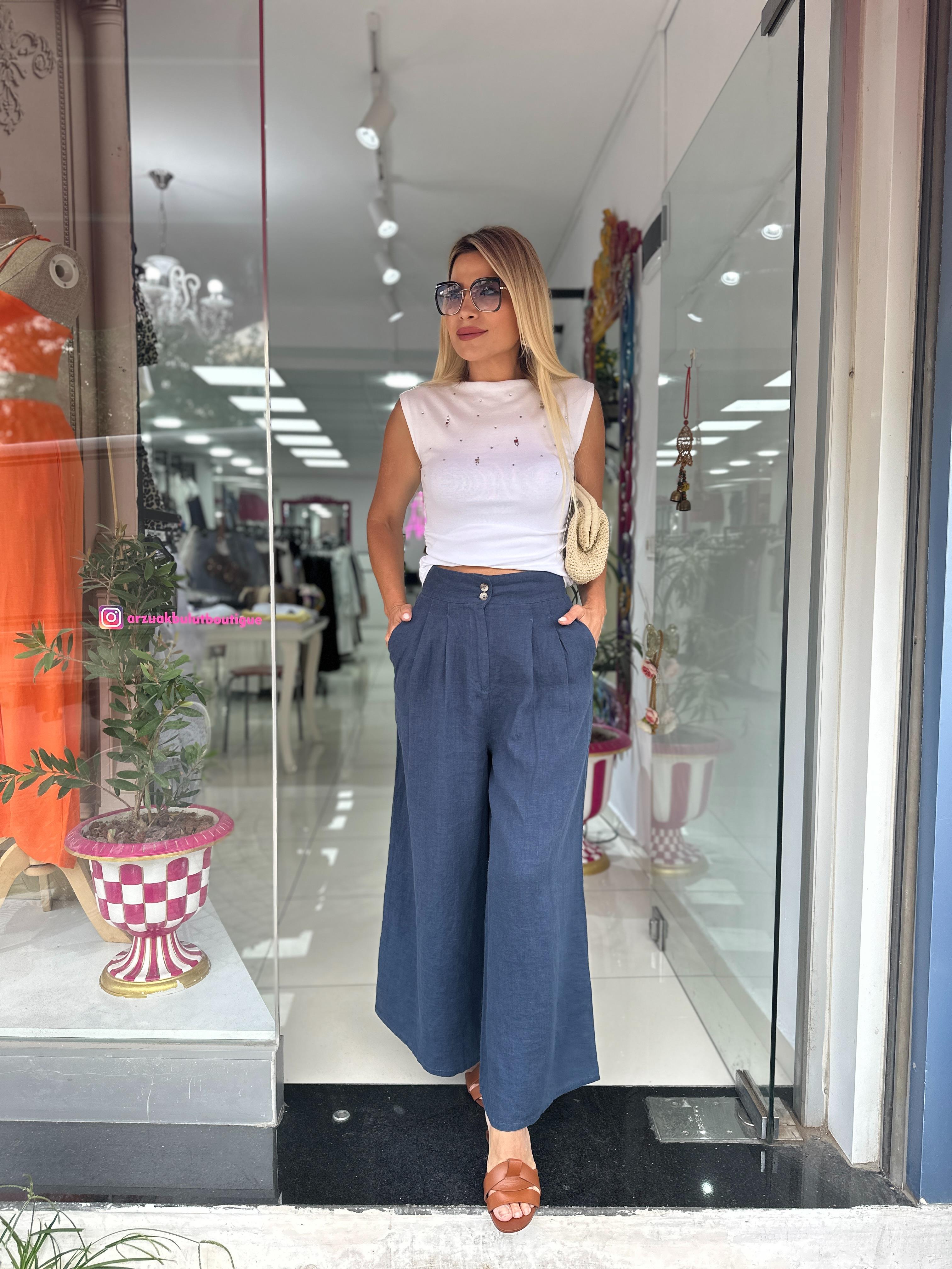 Natural Keten Lacivert Yüksek Bel Bol Pantolon 