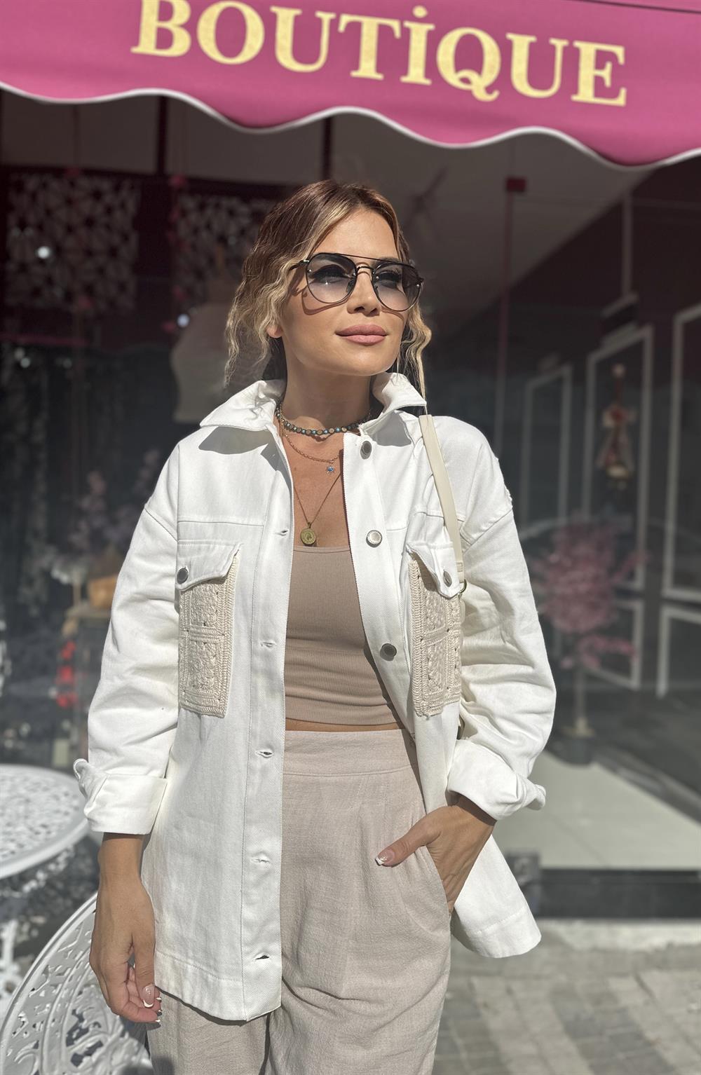 Örgü Detaylı Denim Beyaz Ceket 