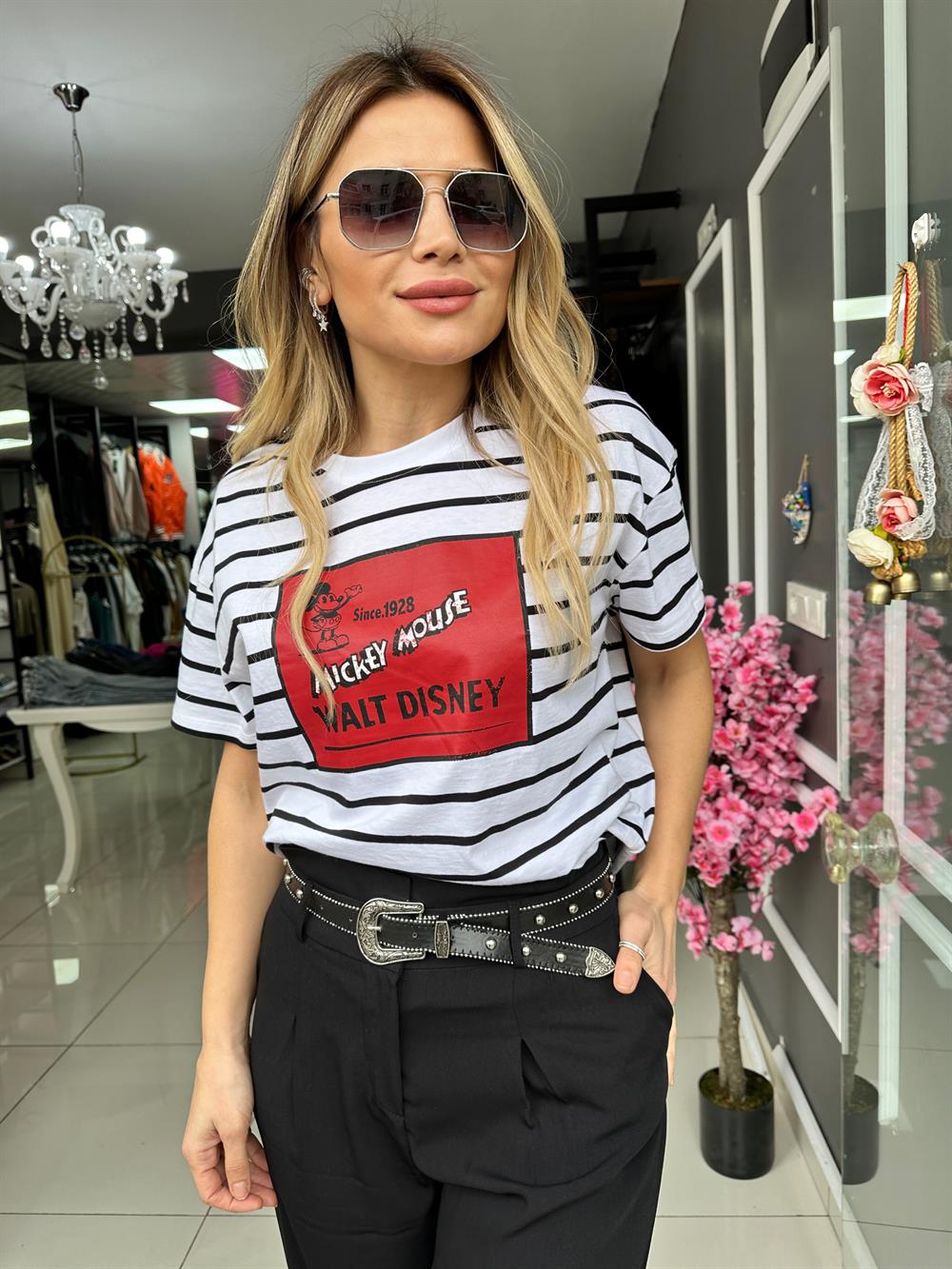ORJ Beyaz Çizgili Mickey Tshirt