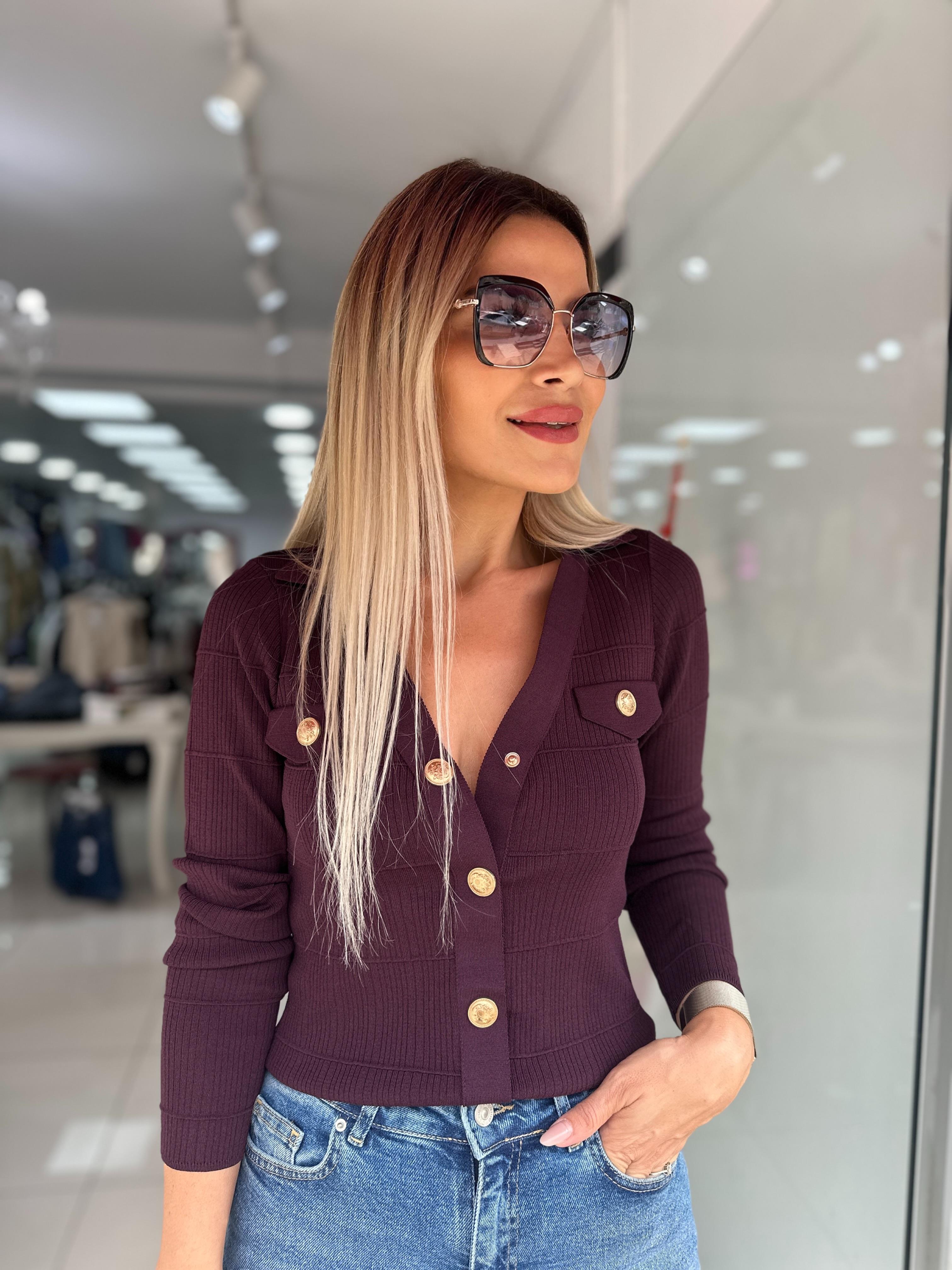 ORJ Gold Düğme Mürdüm Triko Hırka 
