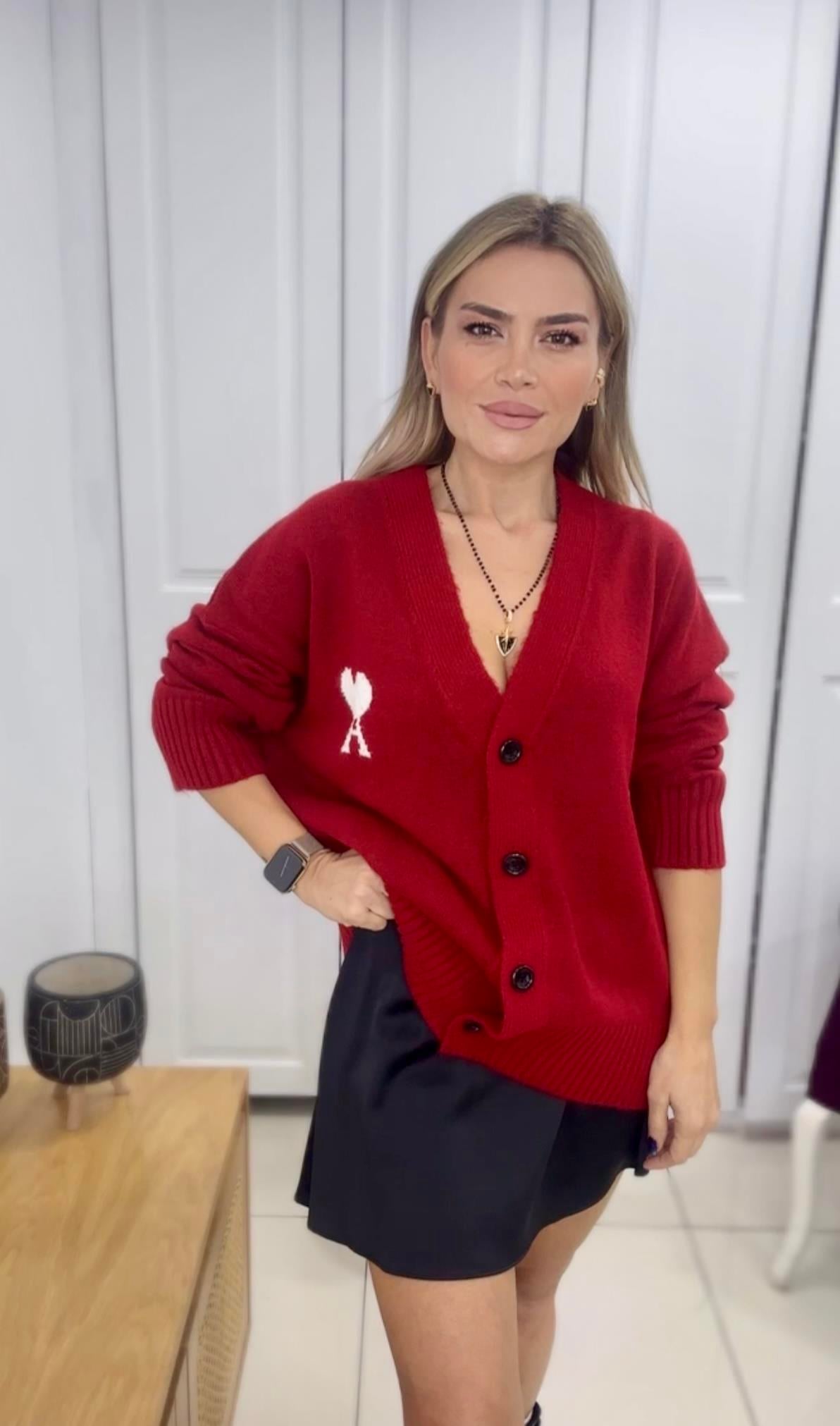 Orjinal Logolu Kırmızı Triko Hırka 