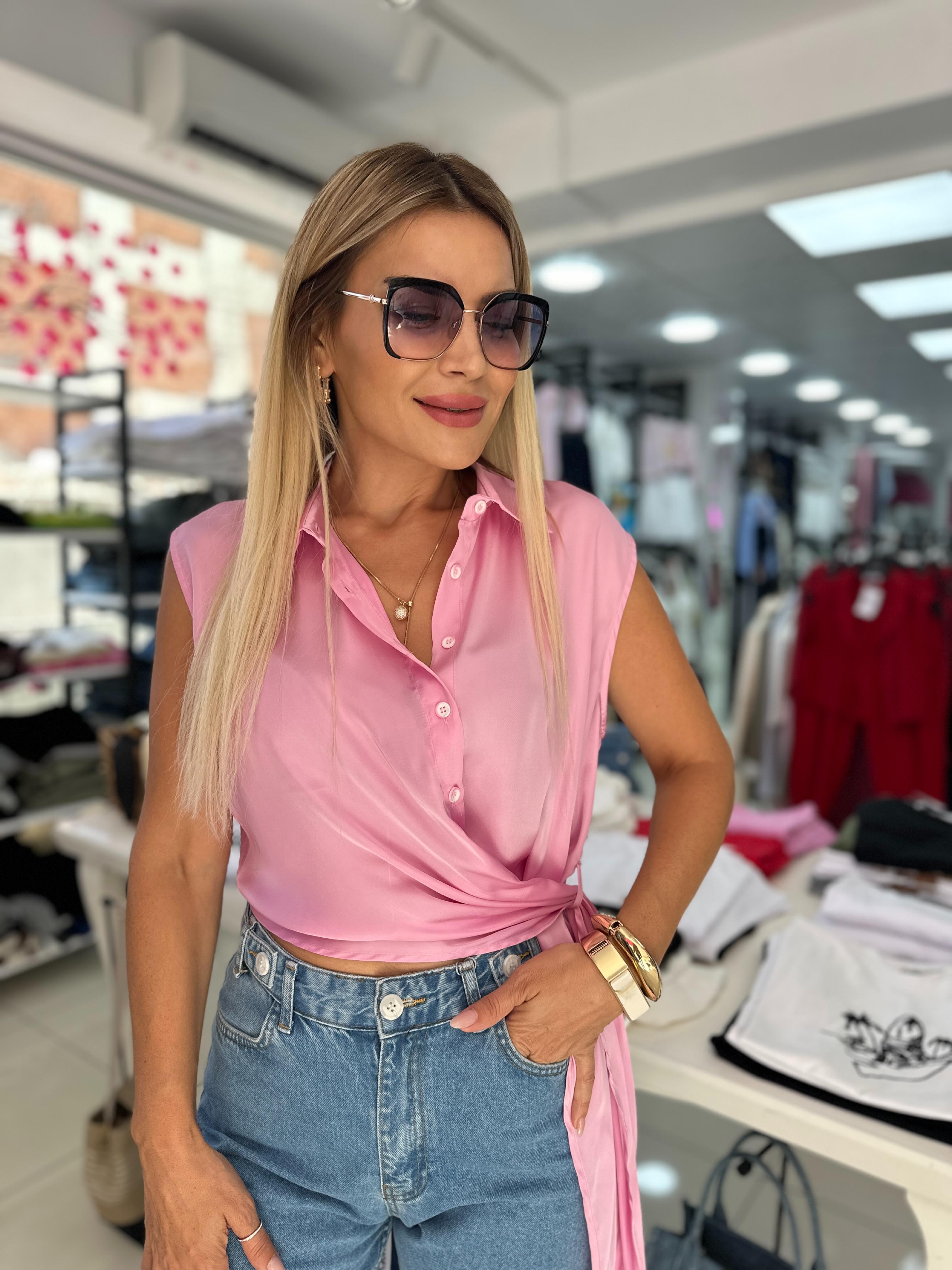 Pembe Bağlama Detaylı Gömlek 