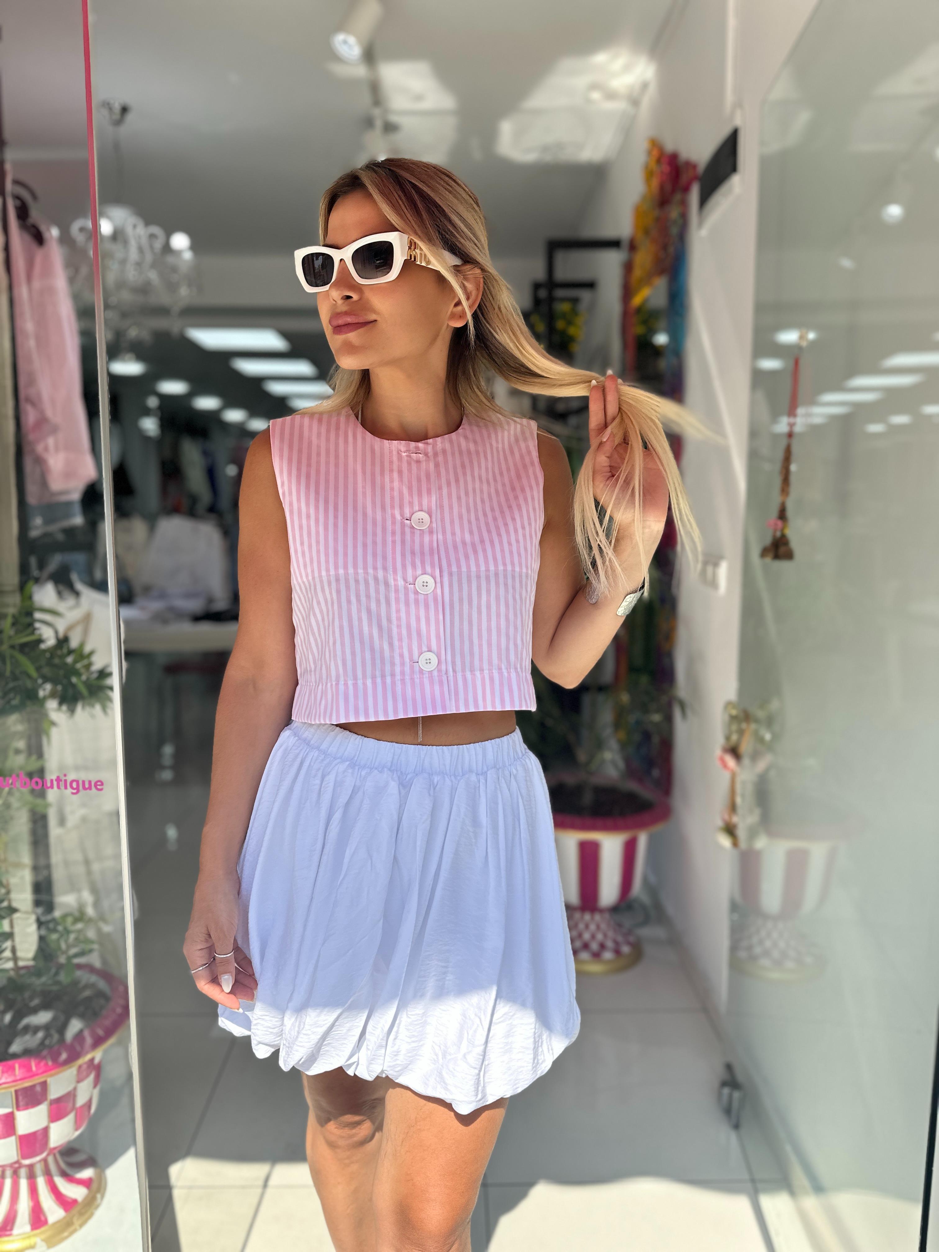 Pembe Beyaz Çizgili Kısa Yelek 
