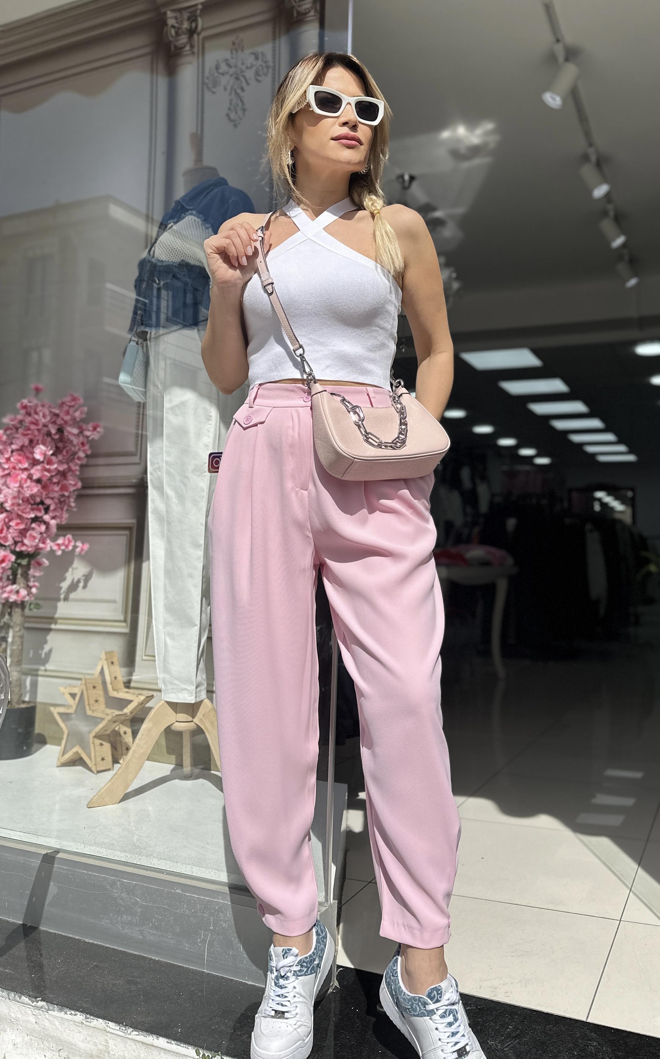Pembe Paça Düğme Detaylı Şalvar Model Pantolon