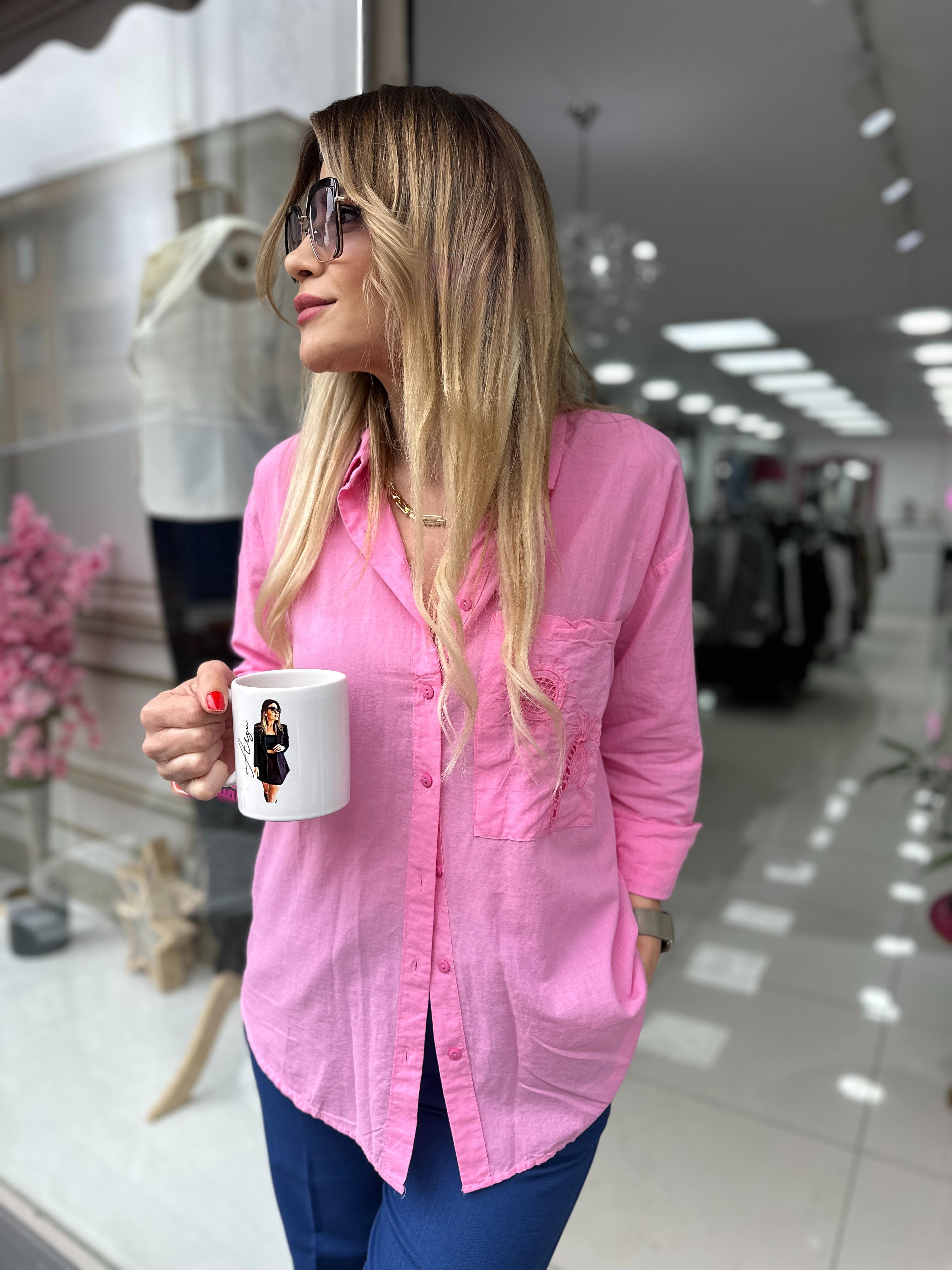 Pembe Palmiye Desen Pamuklu Gömlek