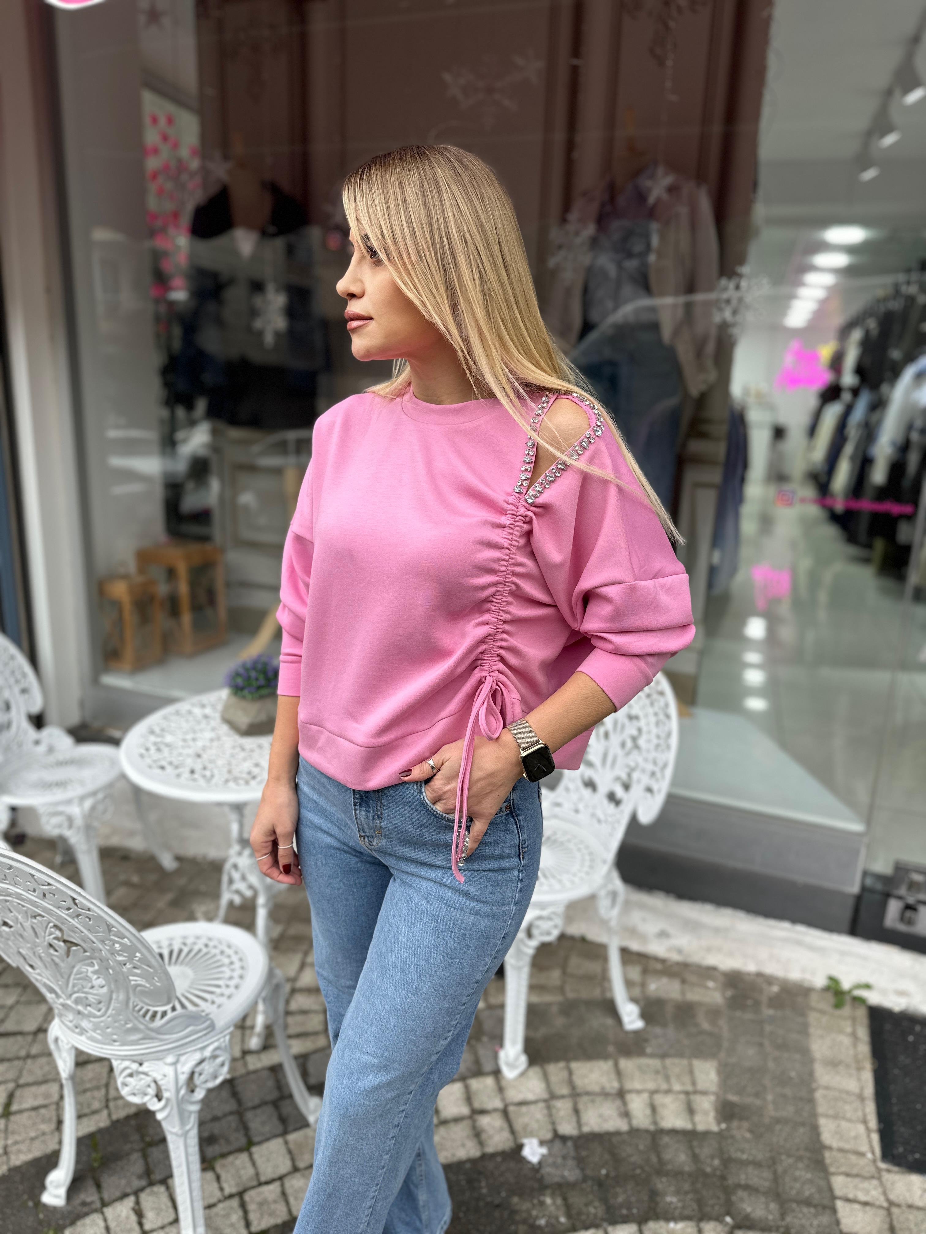 Pembe Taşlı Modal Kumaş Sweat 