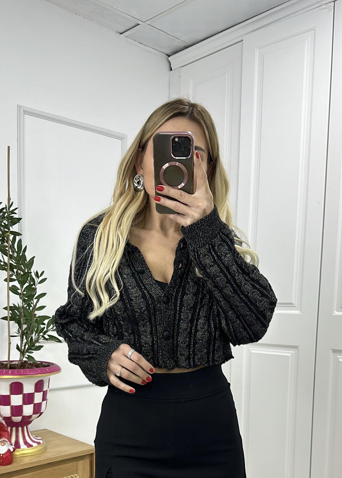 Polo Yaka Düğmeli Simli Crop Hırka 