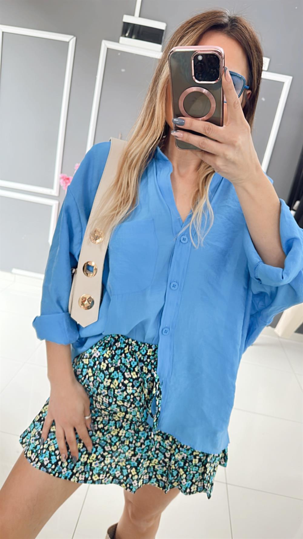 PRY Mavi Oversize Keten Gömlek