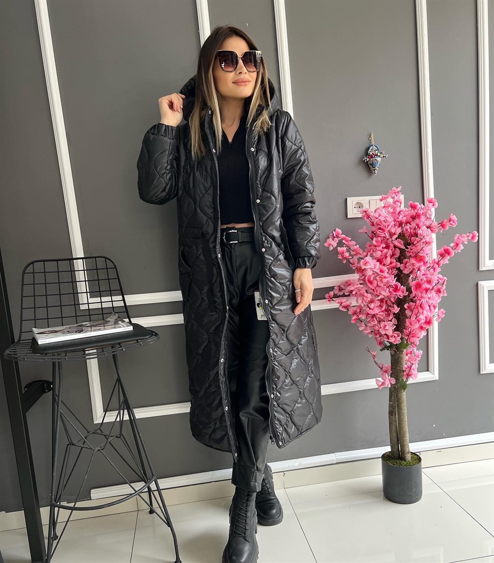 RB Siyah Kapitone Desen Uzun Mont