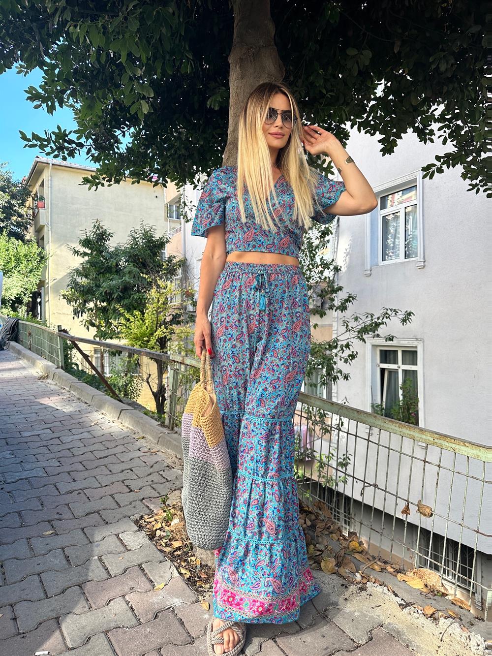 RBN Şal Desen Crop Pantolon Takım
