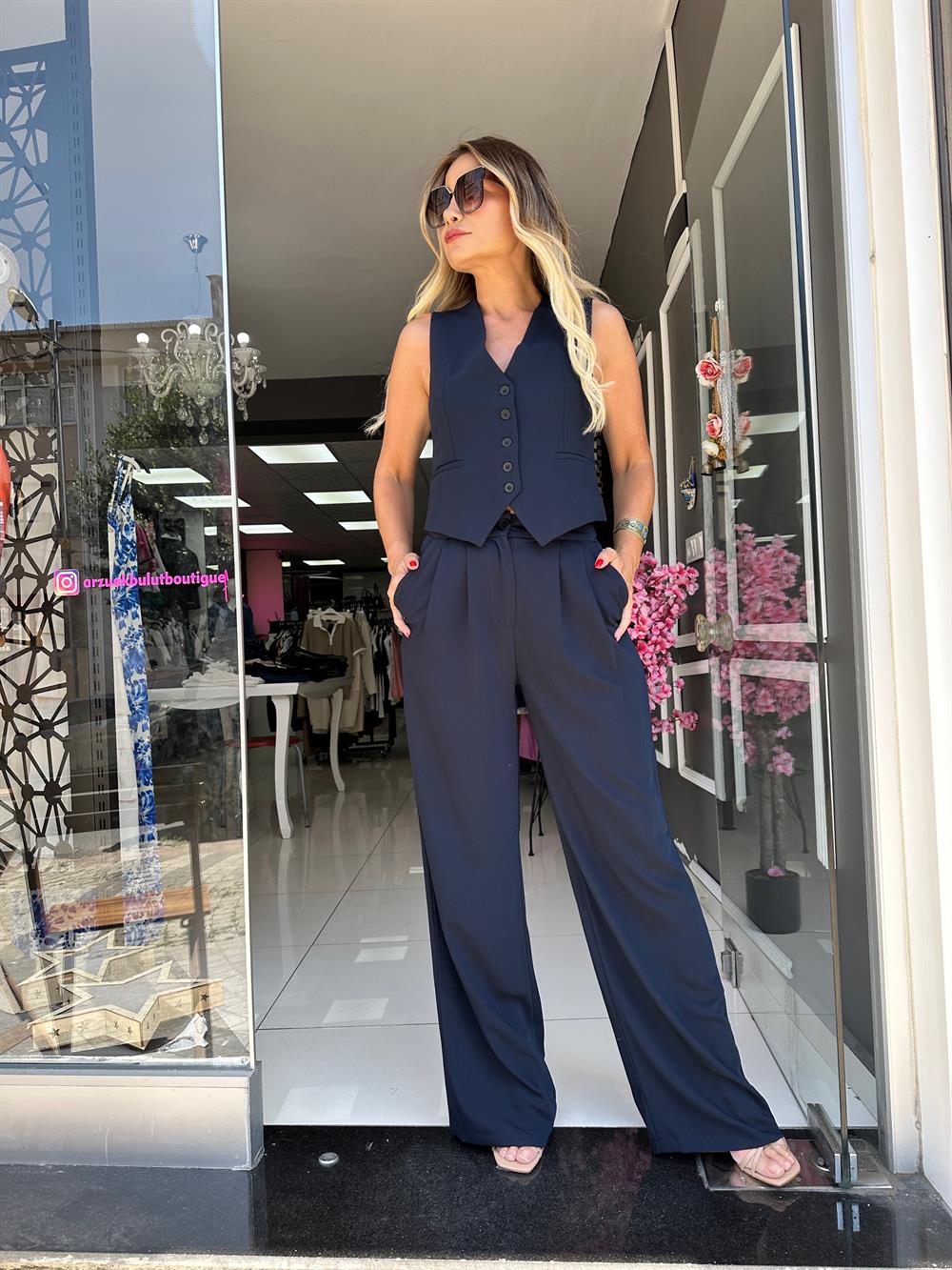 RPH Lacivert Krep Kumaş Yelek Pantolon Takım