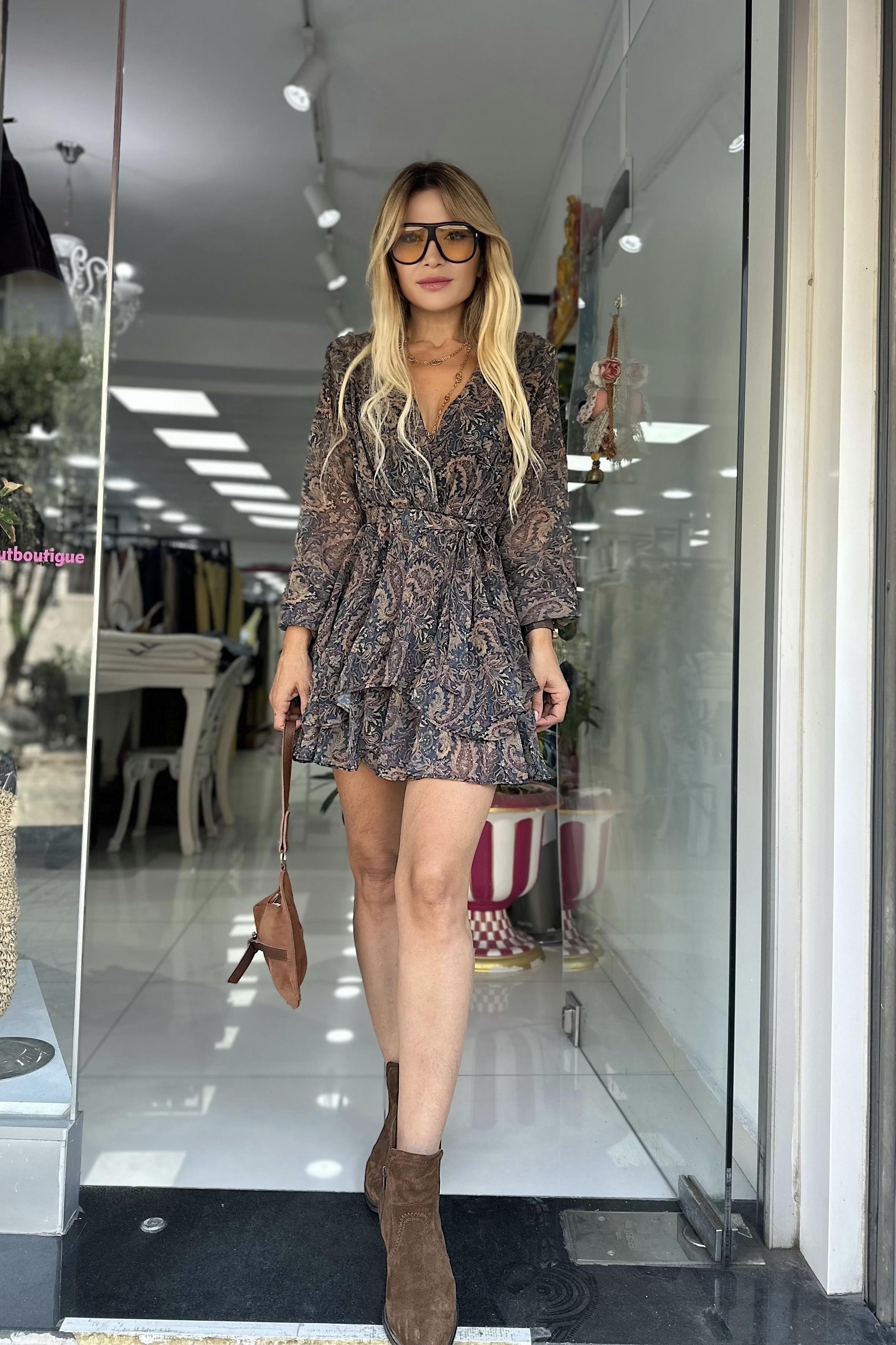 Şal Desen V Yaka Şifon Elbise