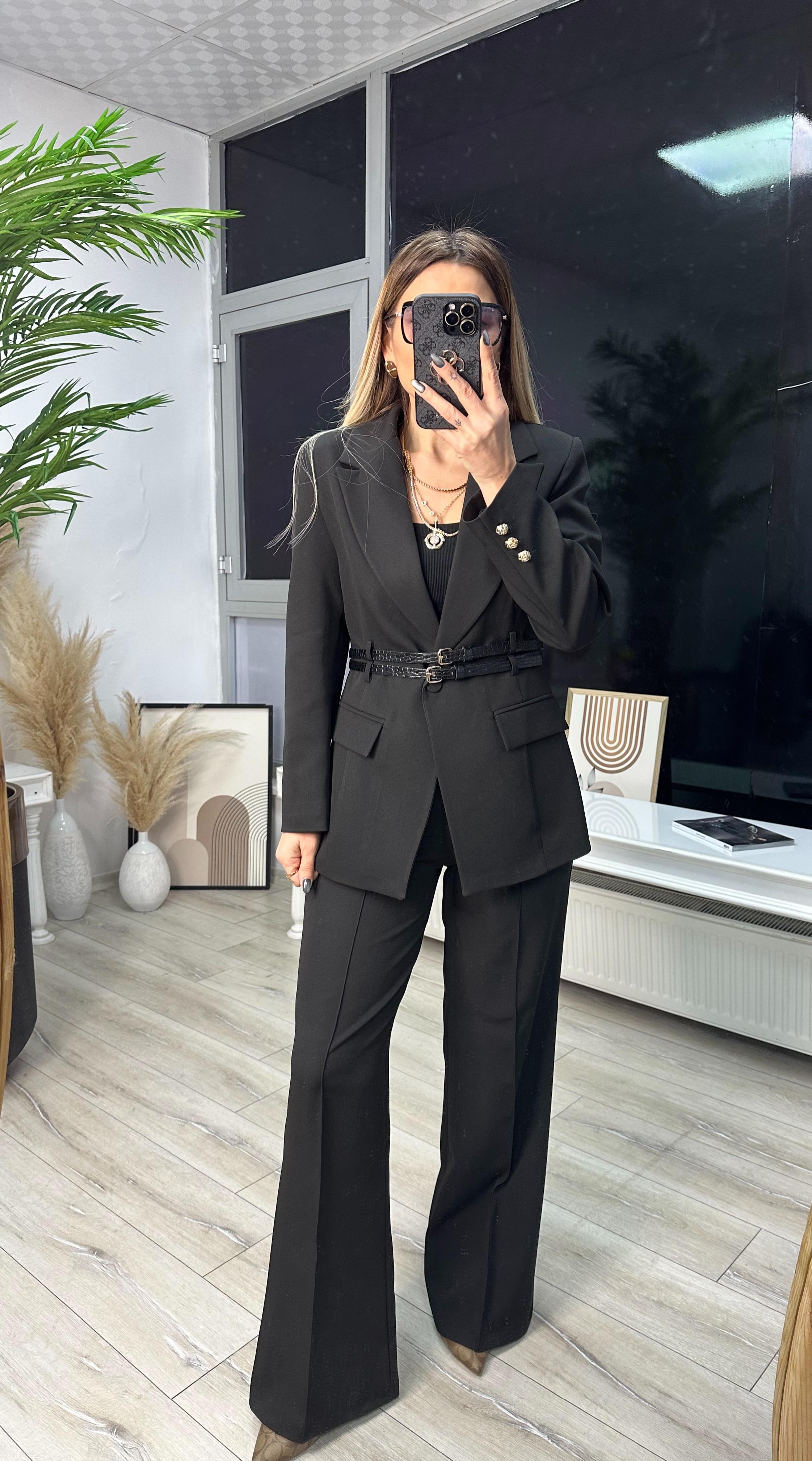 Siyah Çift Kemerli Blazer Pantolon Takım