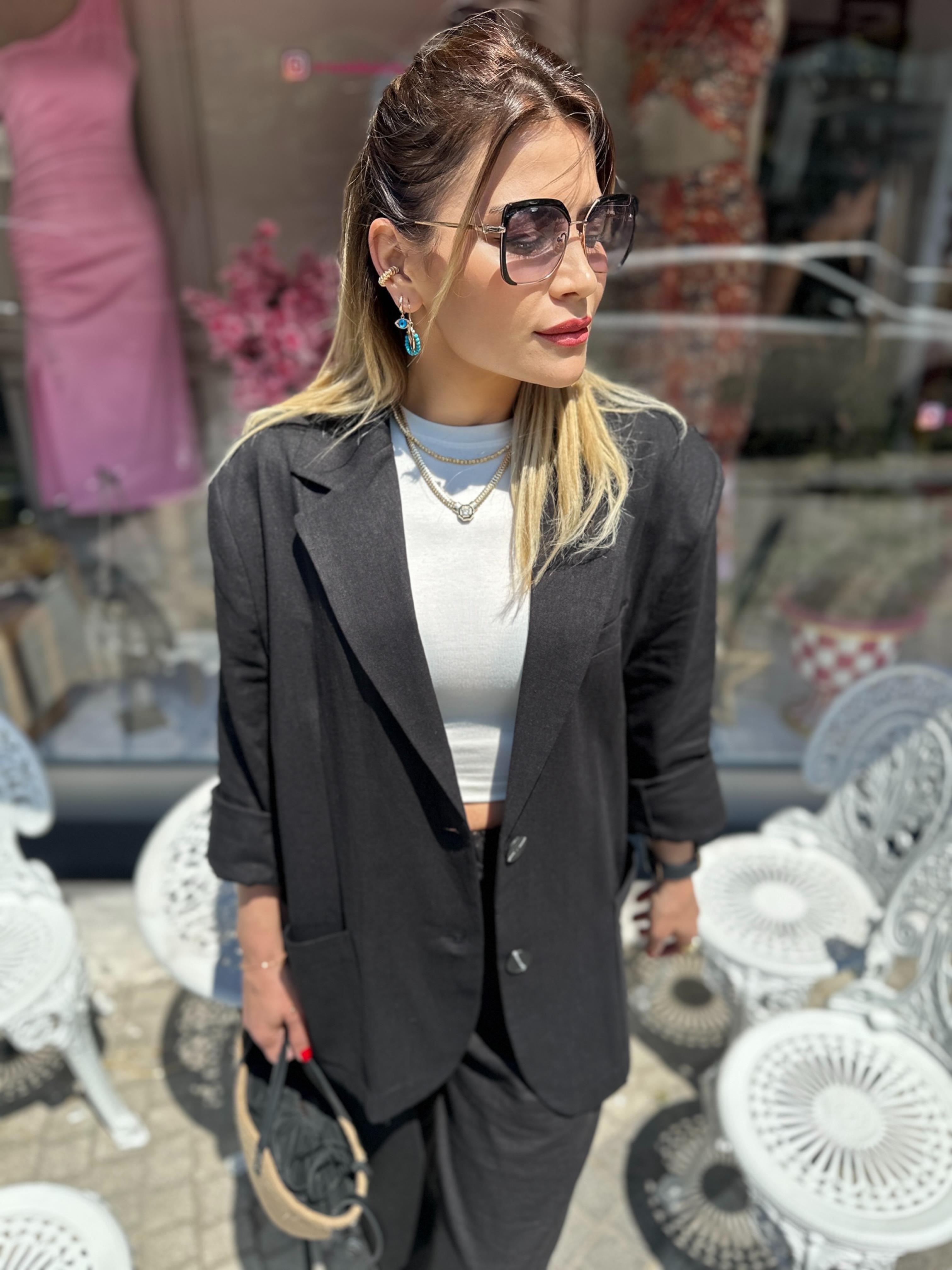 Siyah Ham Keten Blazer
