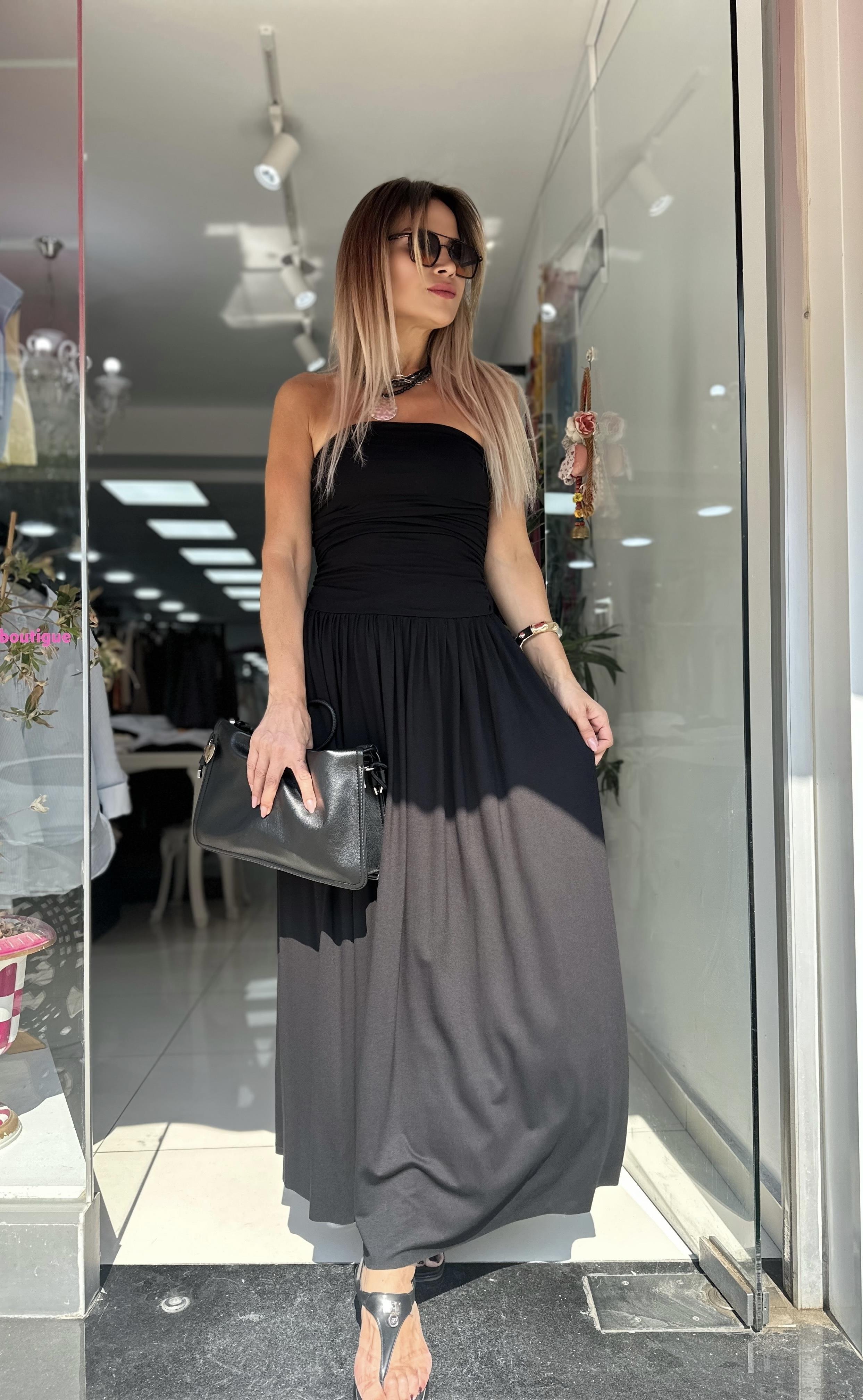 Siyah Straplez Büzgülü Elbise