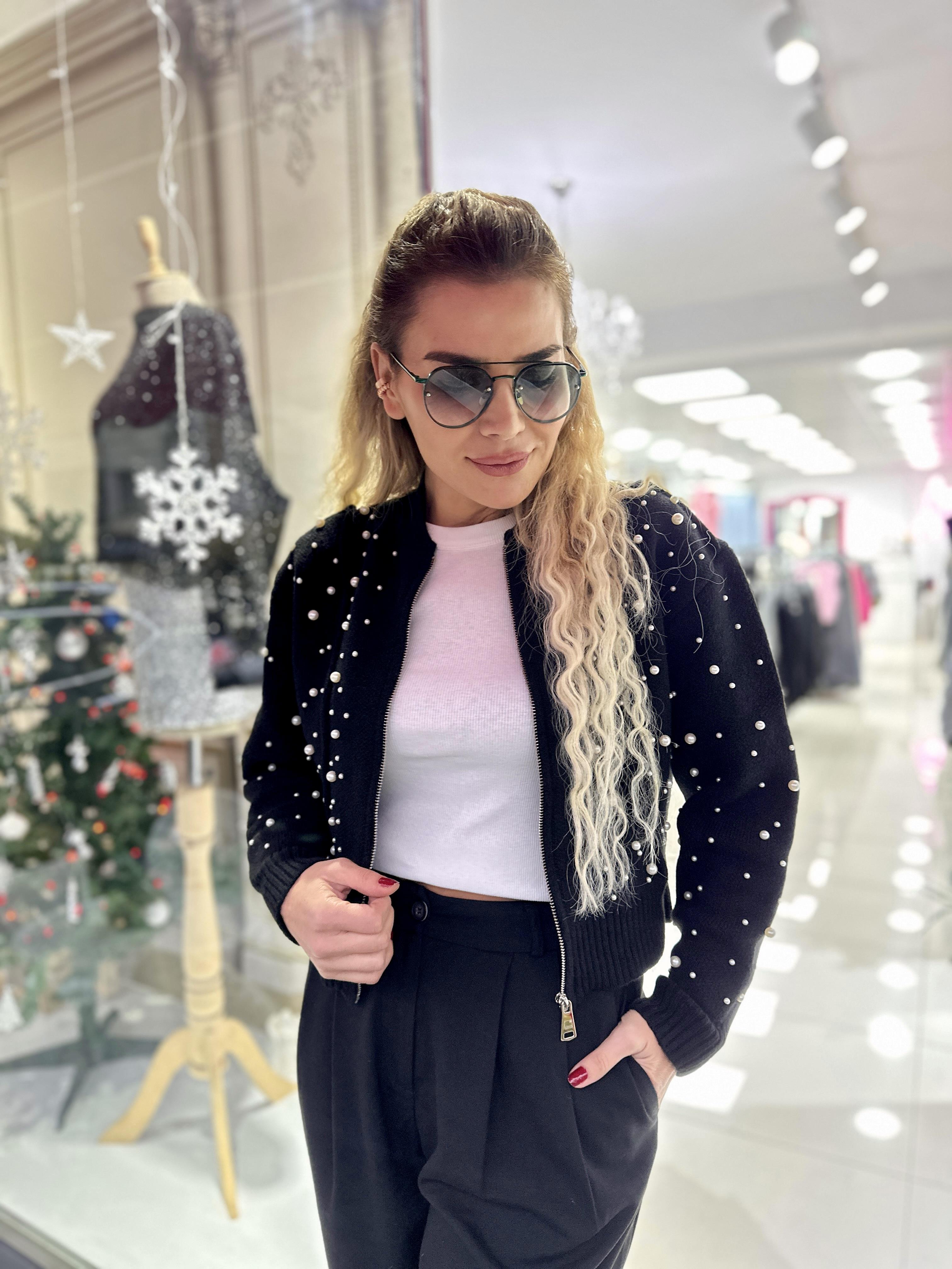 Suni İncili Triko Bomber Ceket 