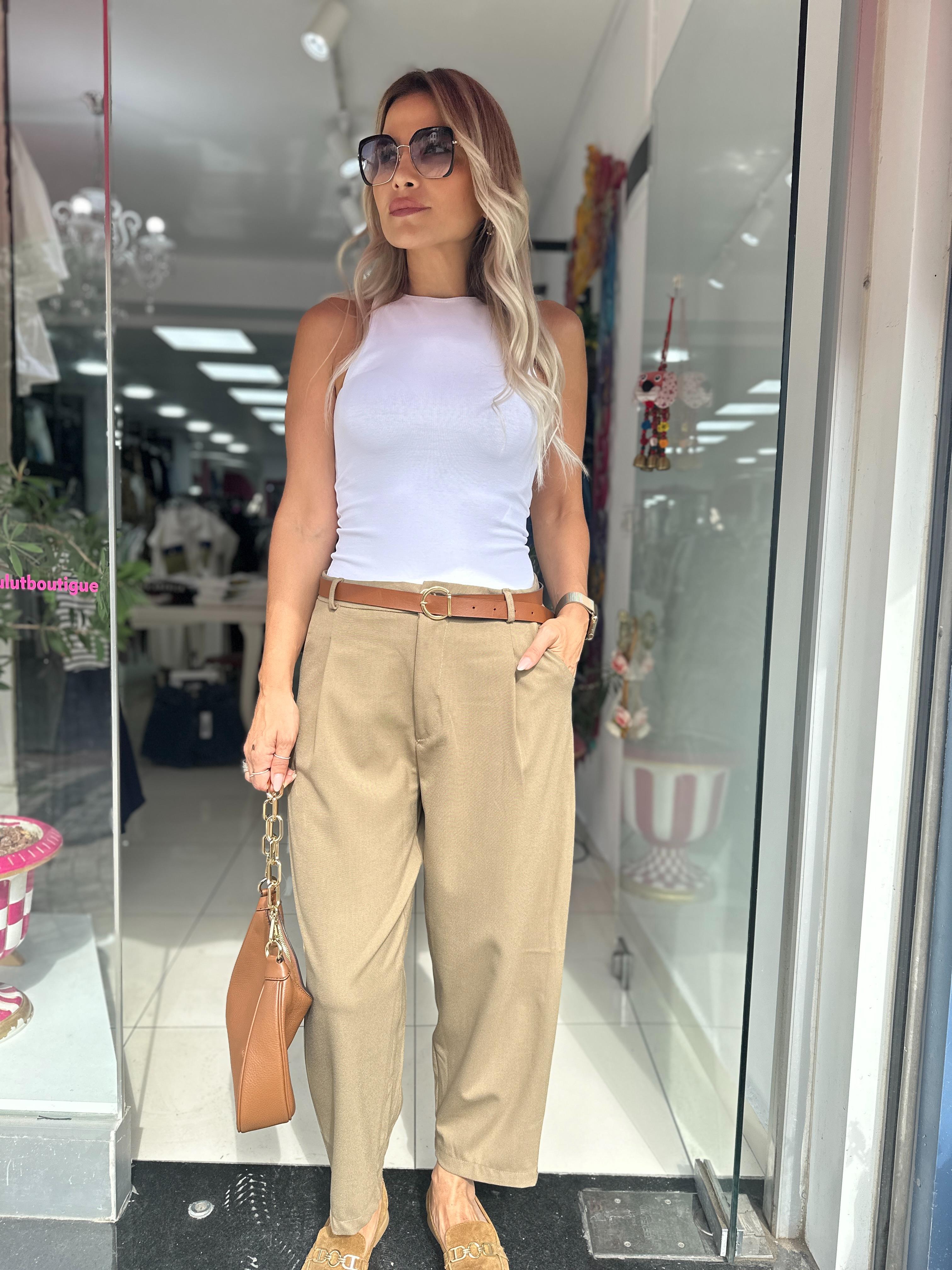 Taba Kemer Detaylı Viscon Kumaş Pantolon 