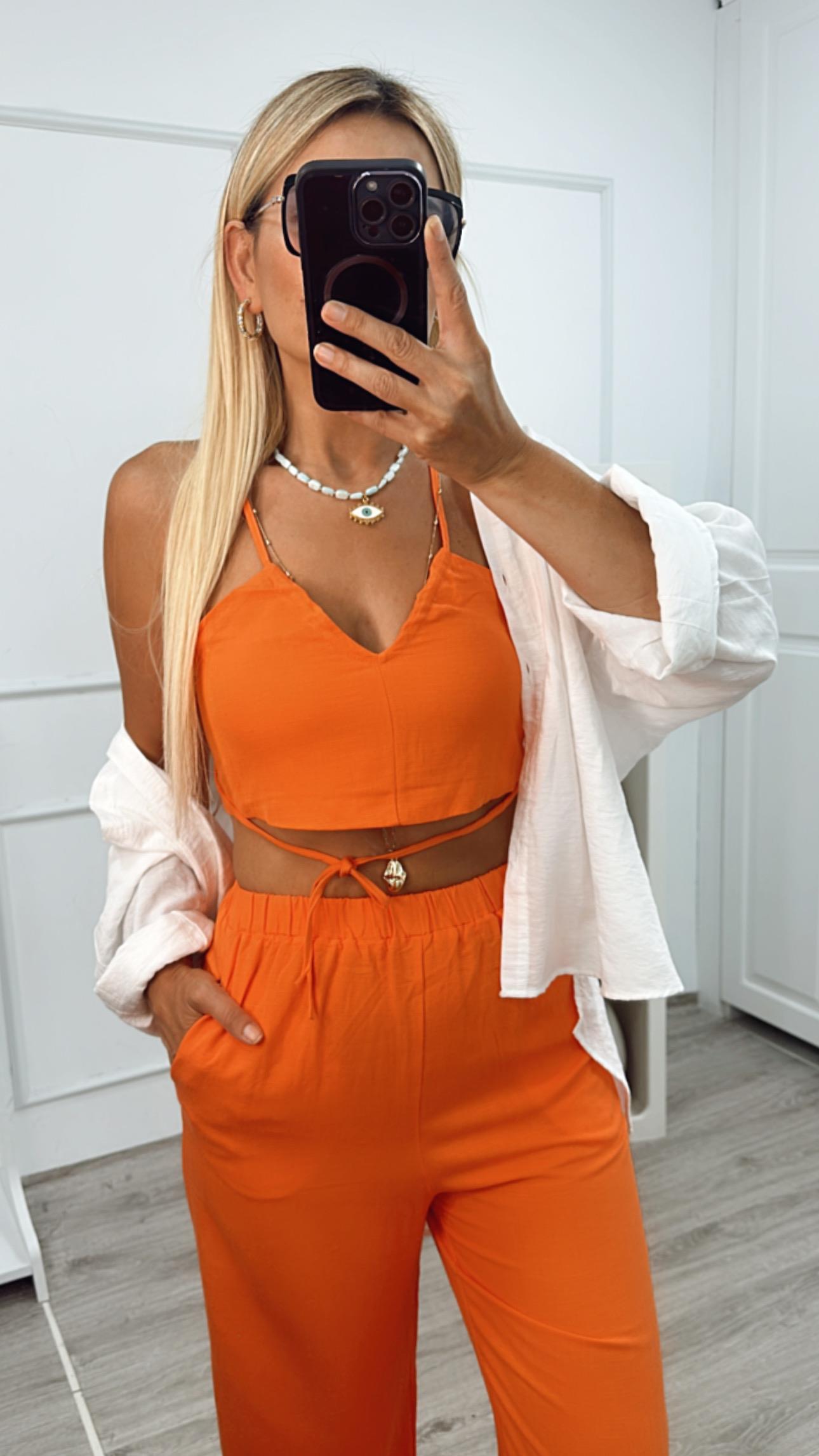Turuncu Keten Crop Pantolon Takım