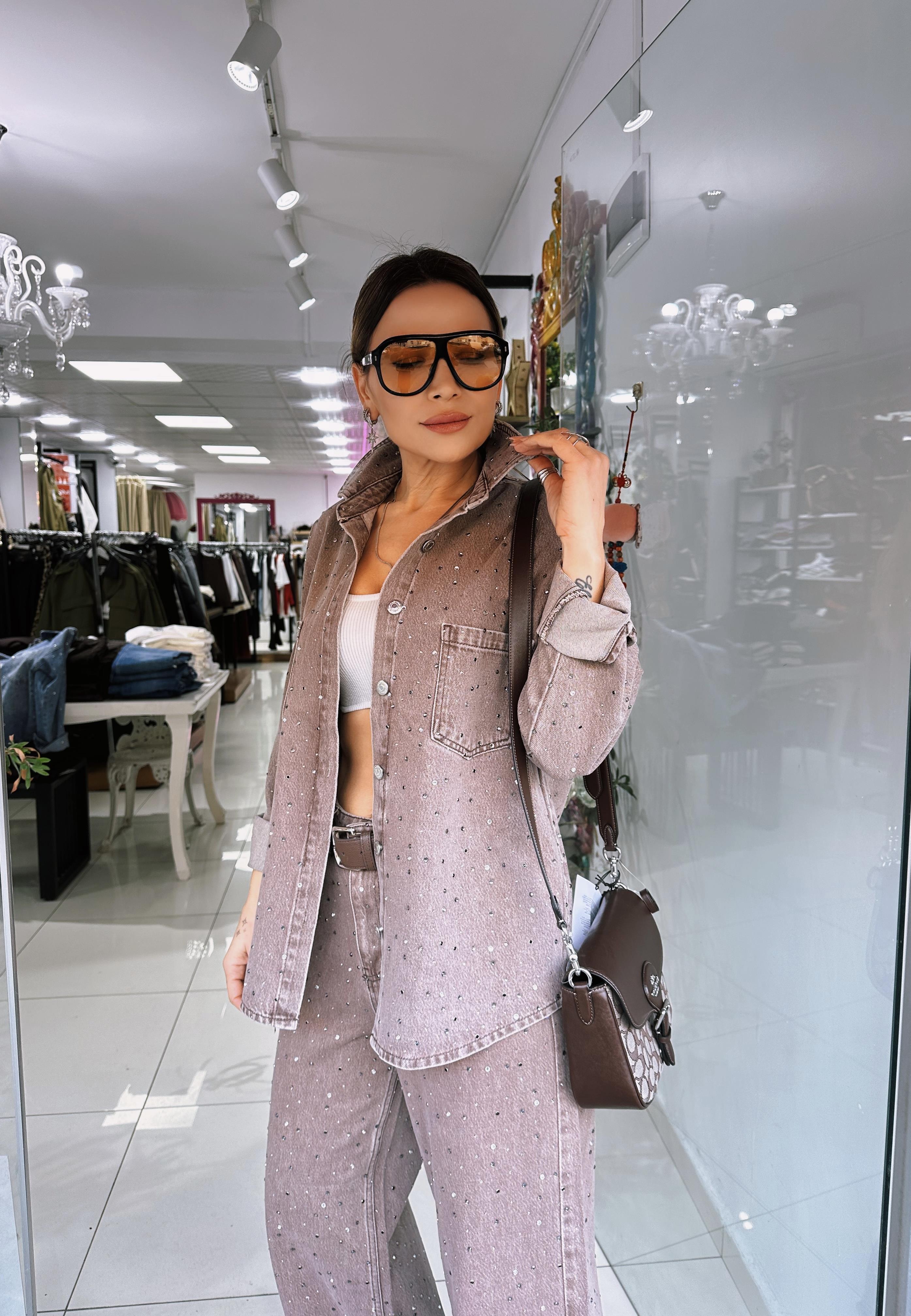 Vizon Taş Detaylı Tensel Denim Ceket
