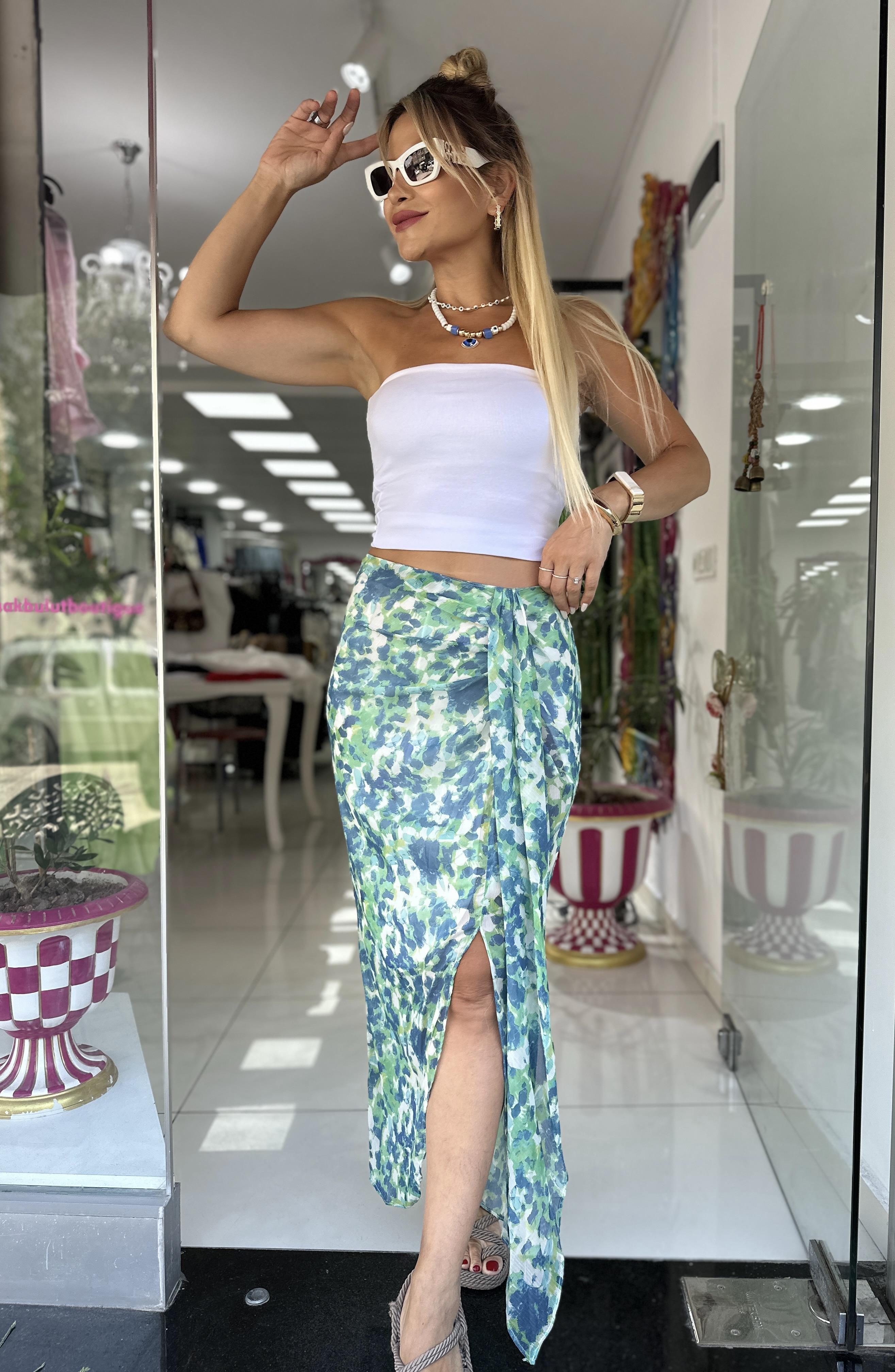 Yeşil Desenli Şifon Etek 