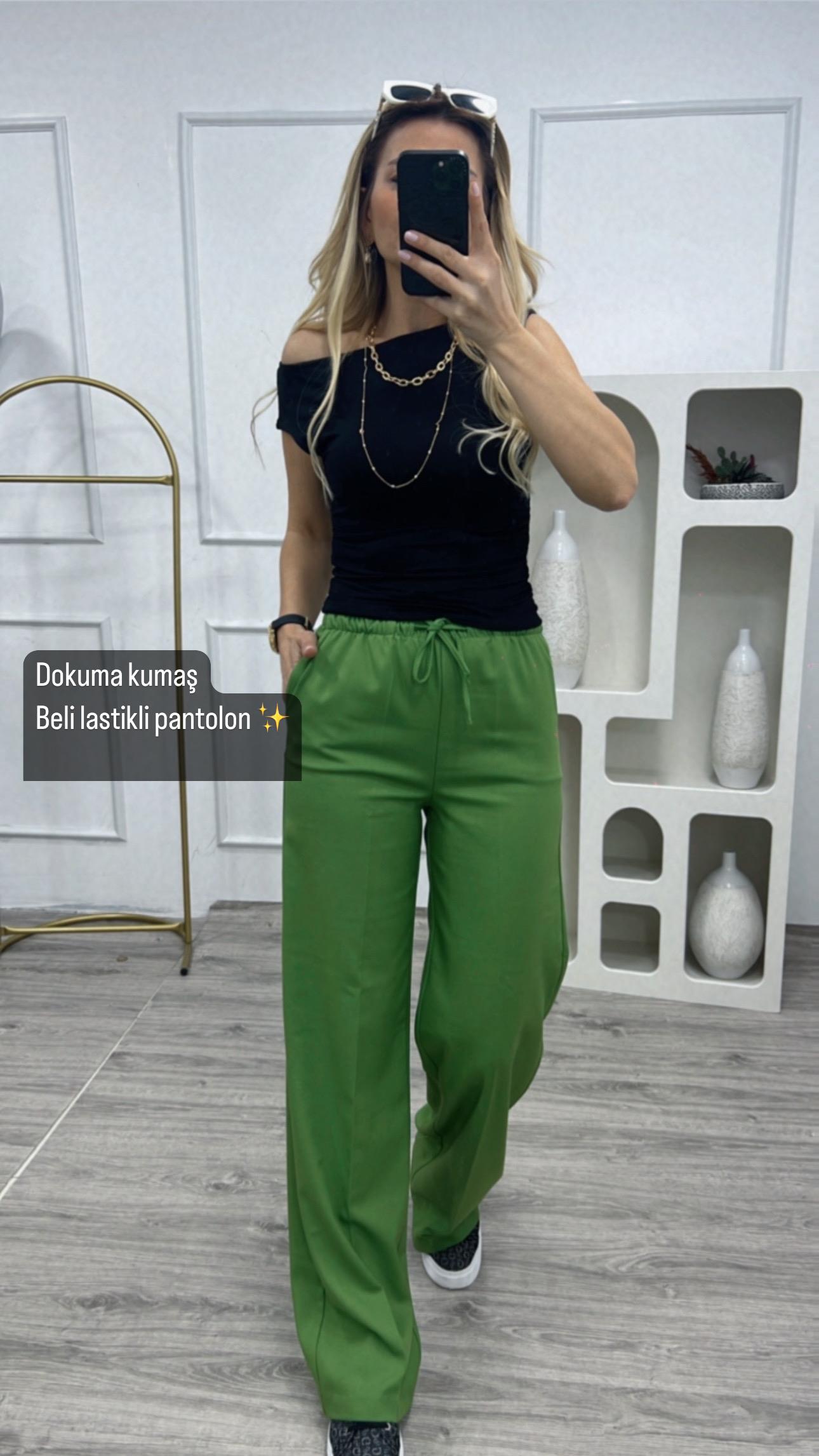 Yeşil Dokuma Kumaş Bel Lastikli Pantolon 