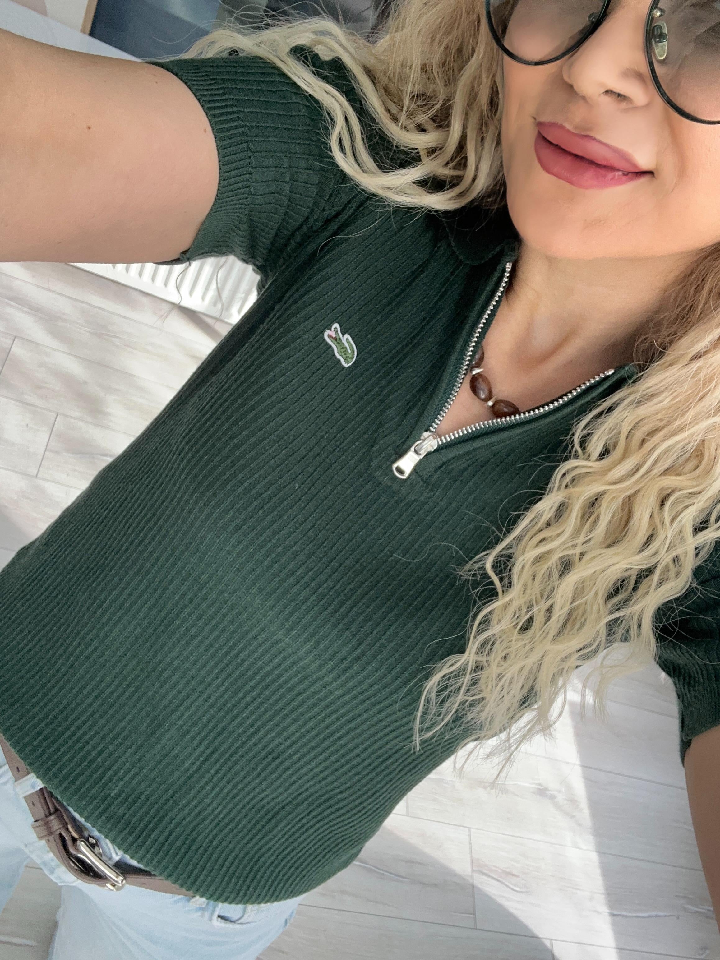 Yeşil Fermuar Detaylı Triko Bluz