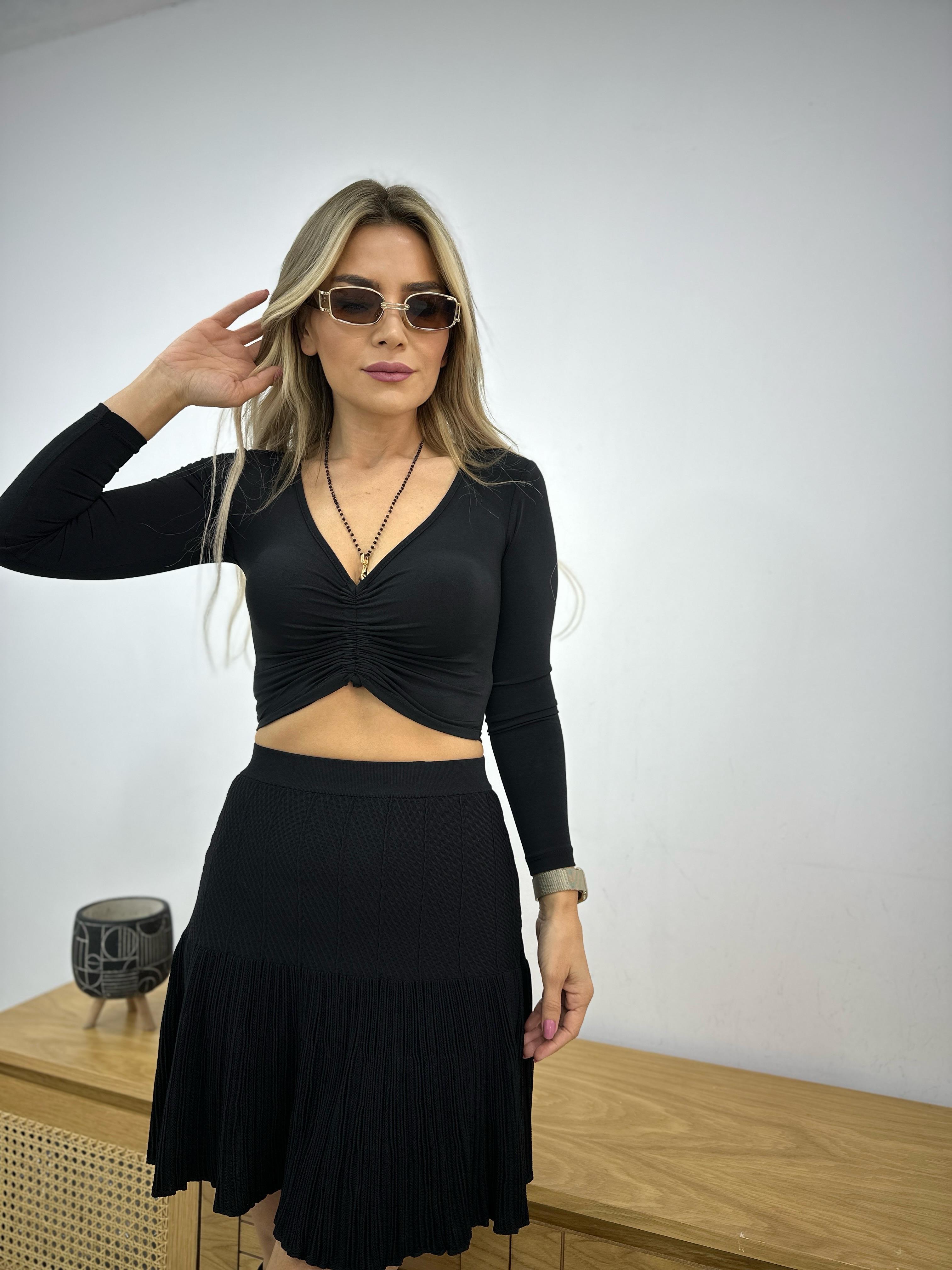 Yüksek Bel Volanlı Siyah Triko Etek 