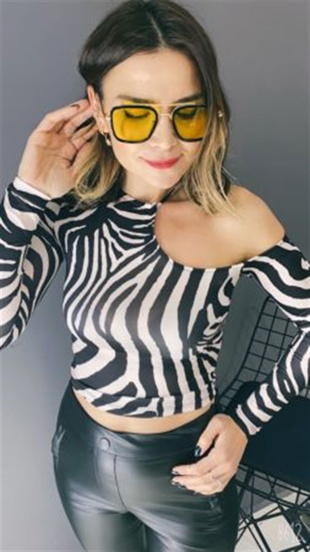 ZEBRA DESEN TEK OMUZ CROP TOP