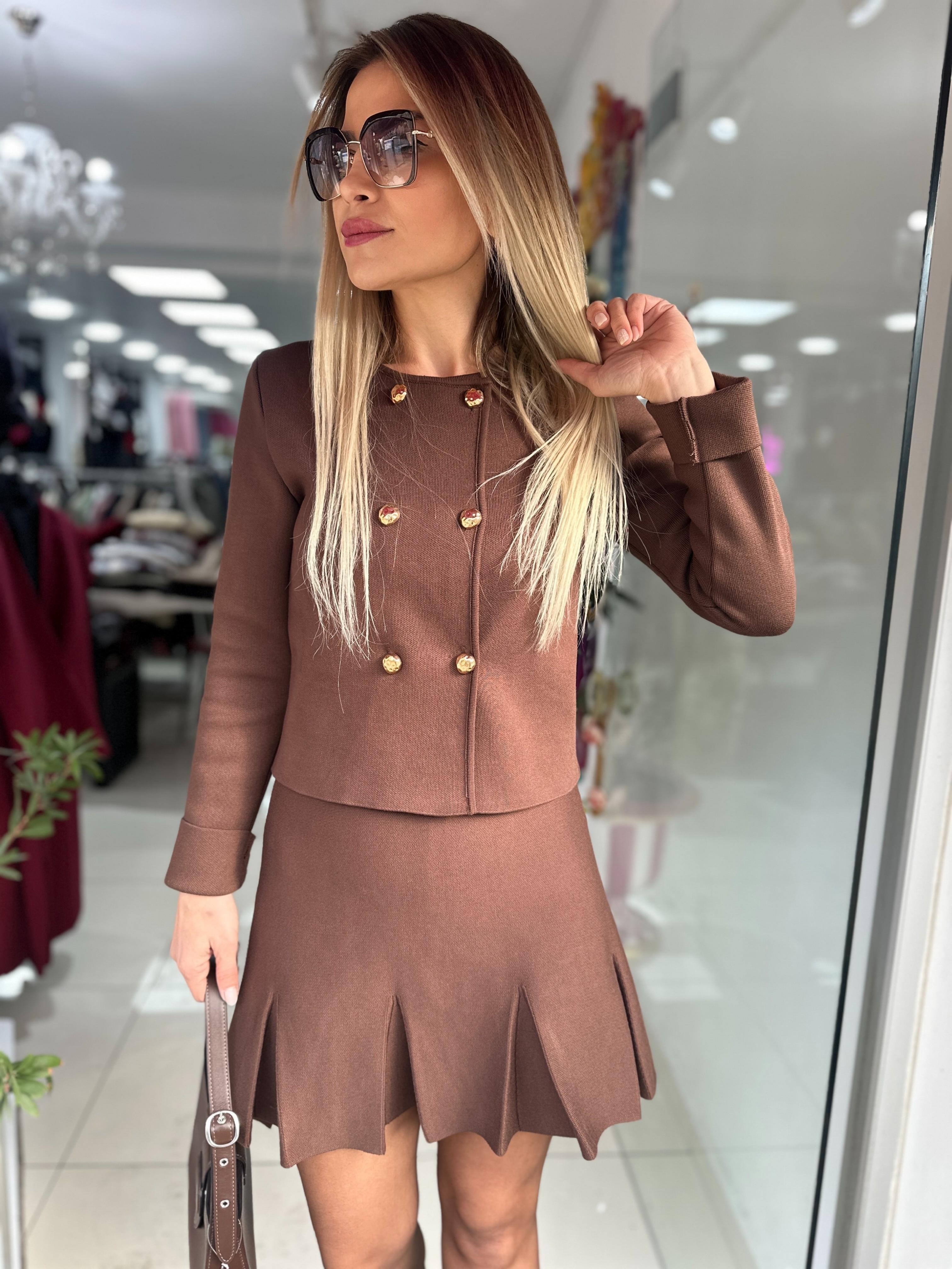 Acı Kahve Beli Lastikli Pileli Triko Etek