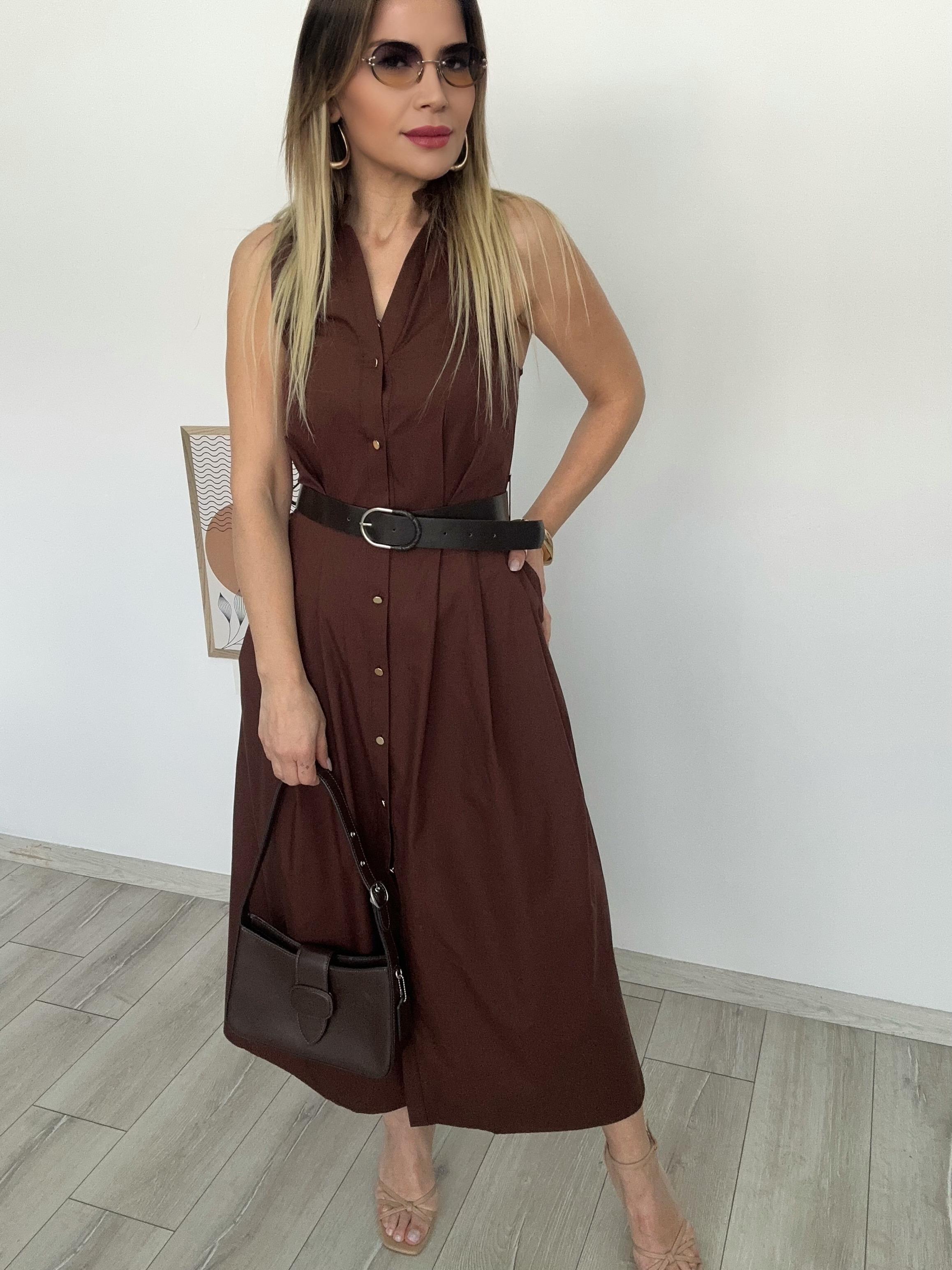 Acı Kahve Kemerli Cepli Elbise