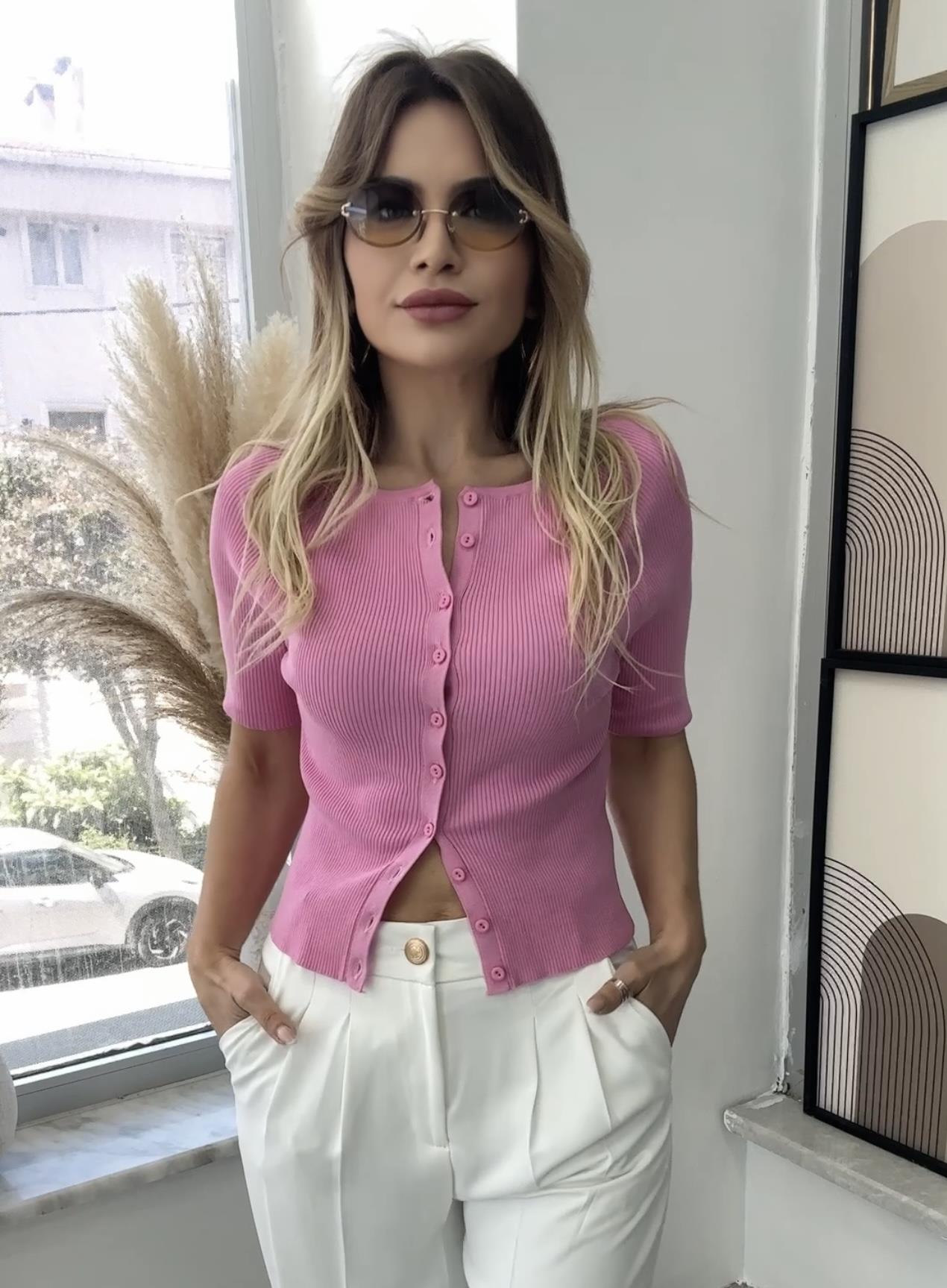 Açık Bisiklet Yaka Fitilli Düğmeli İnce Triko Hırka