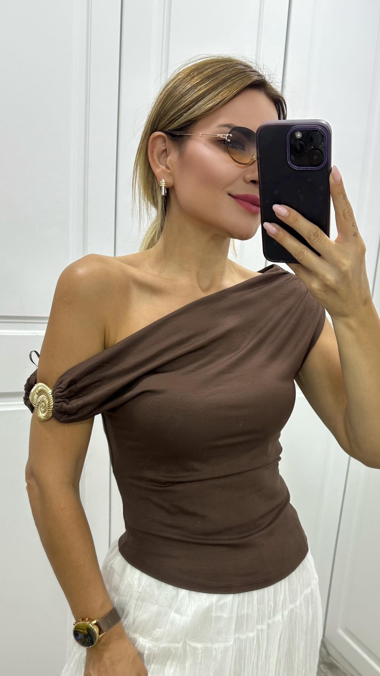 Açık Kahve Asimetrik Bluz 