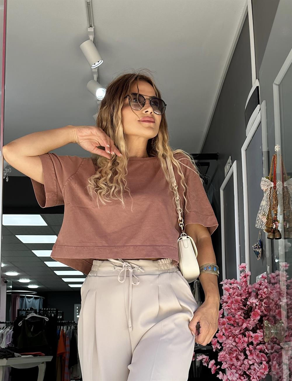 Açık Kahve Crop Tshirt