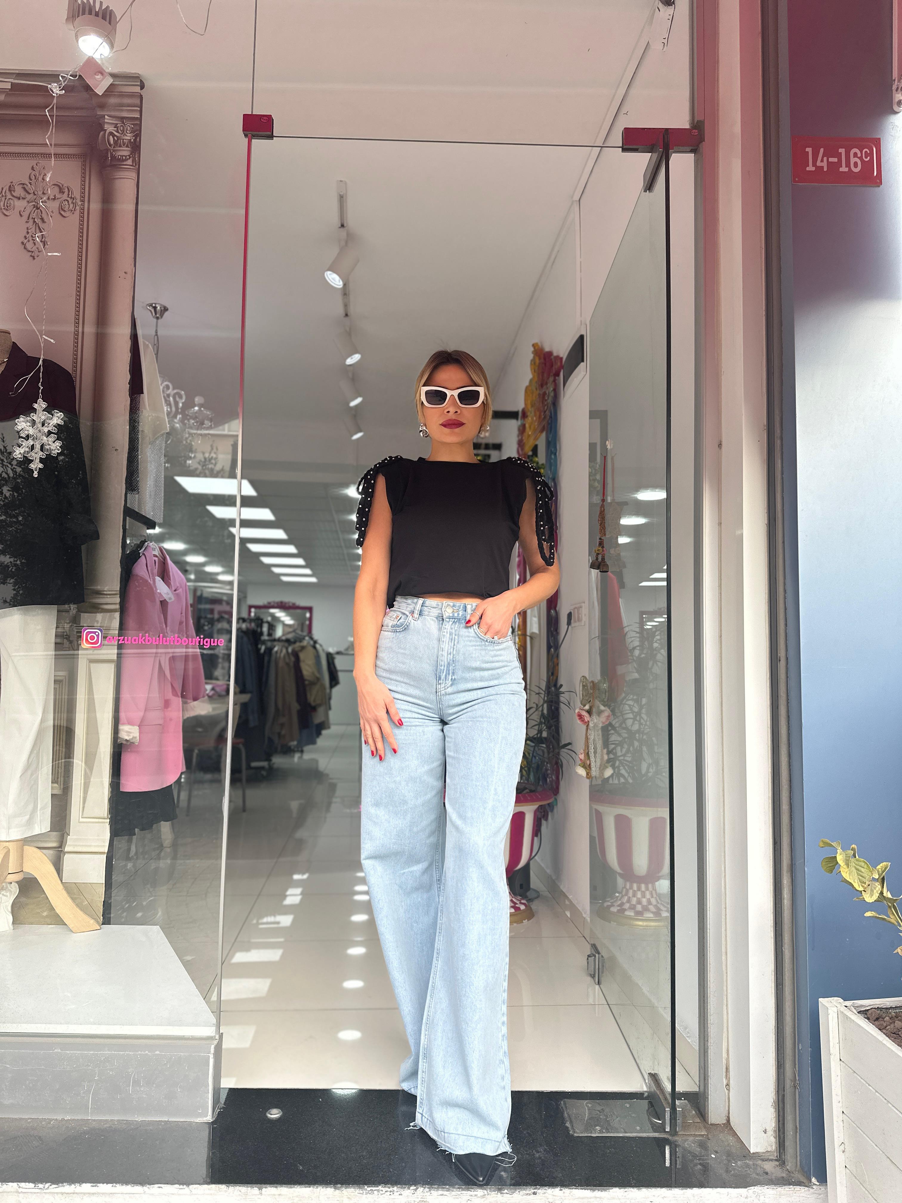 Açık Mavi Wide Leg Yüksek Bel Pantolon 