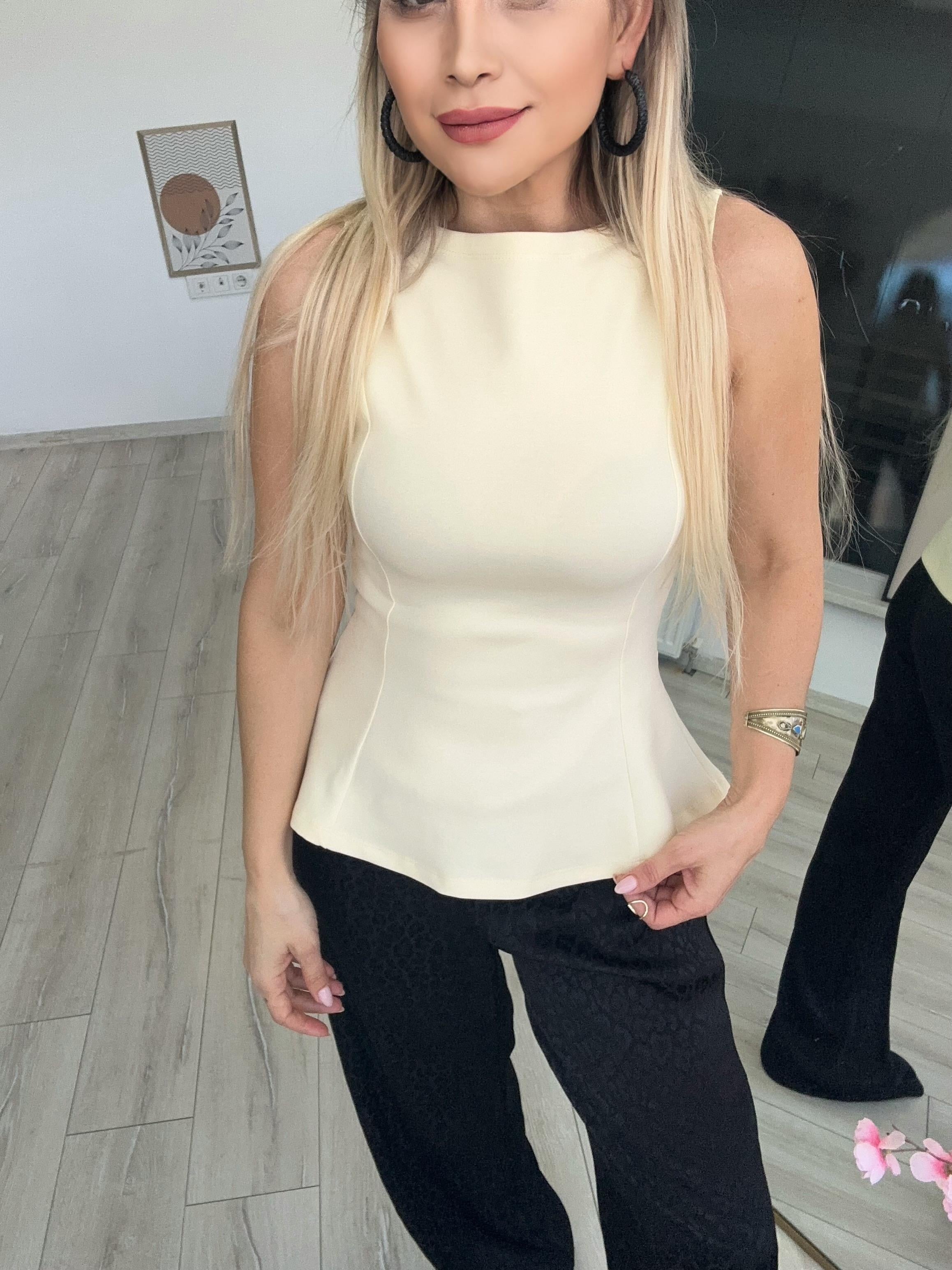 Açık Sarı Kayık Yaka Peplum Bluz 