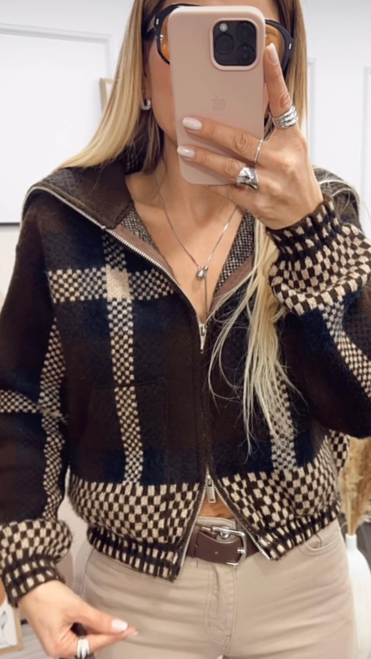 Angora Kareli Şardonlu Fermuarlı Hırka 