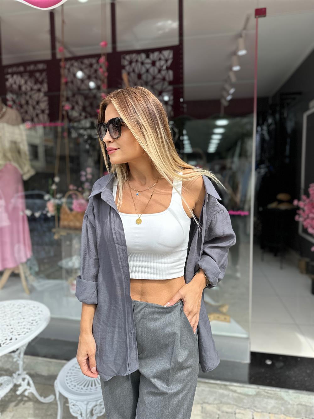 Antrasit Düşük Omuzlu Oversize Gömlek 