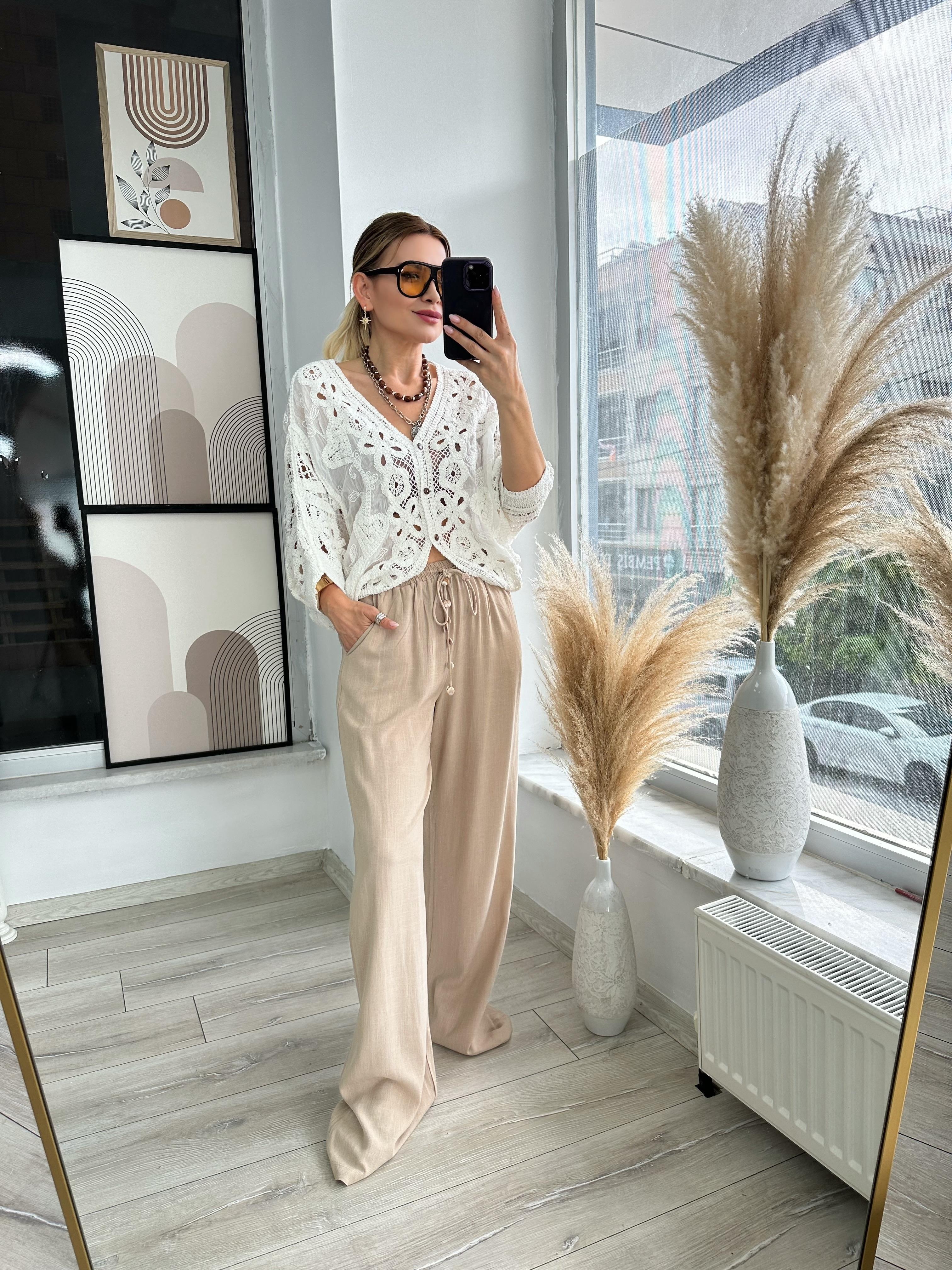 Bej Beli Lastikli Keten Pantolon 