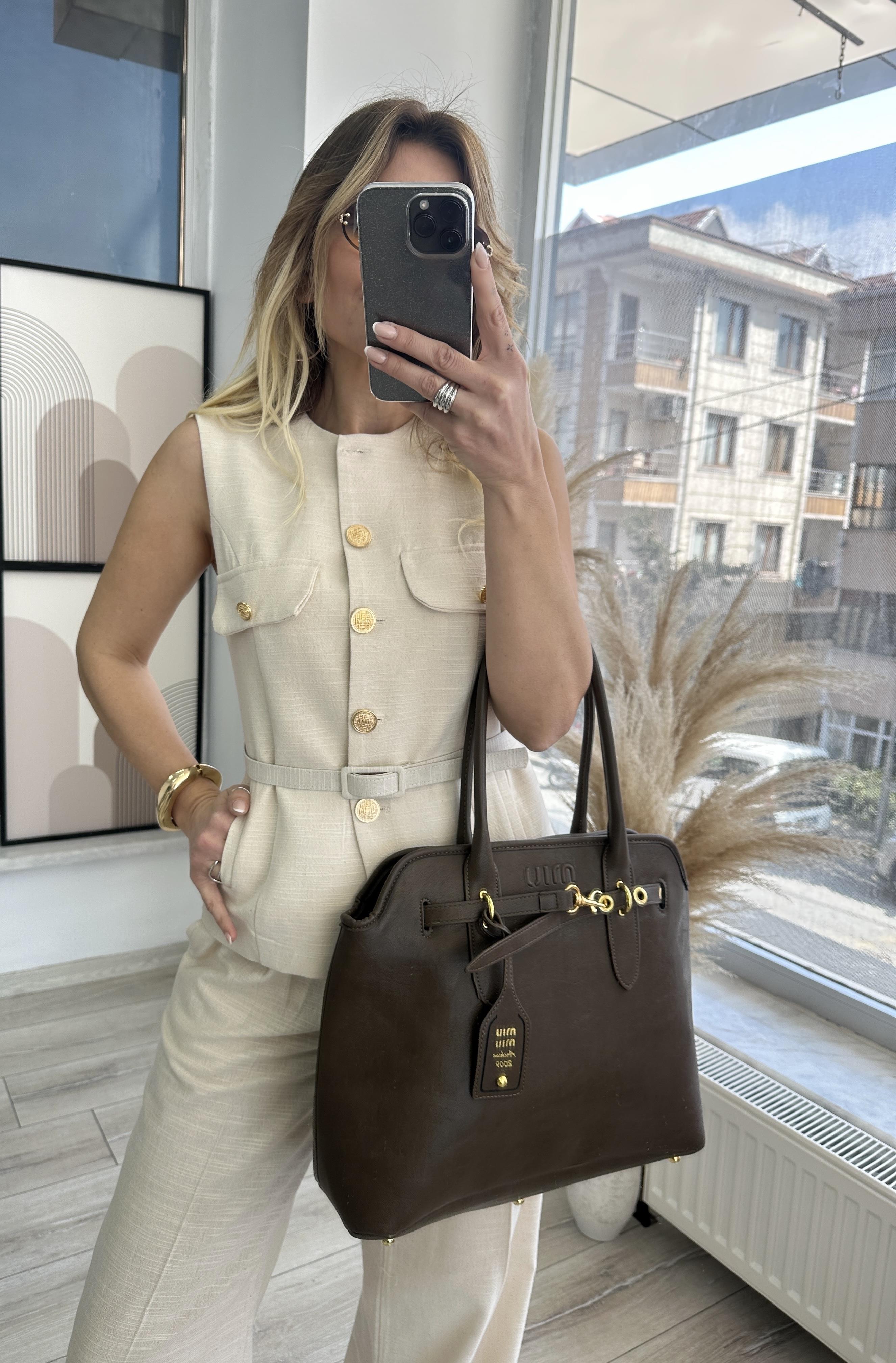 Bej Cepli Kemerli Yelek