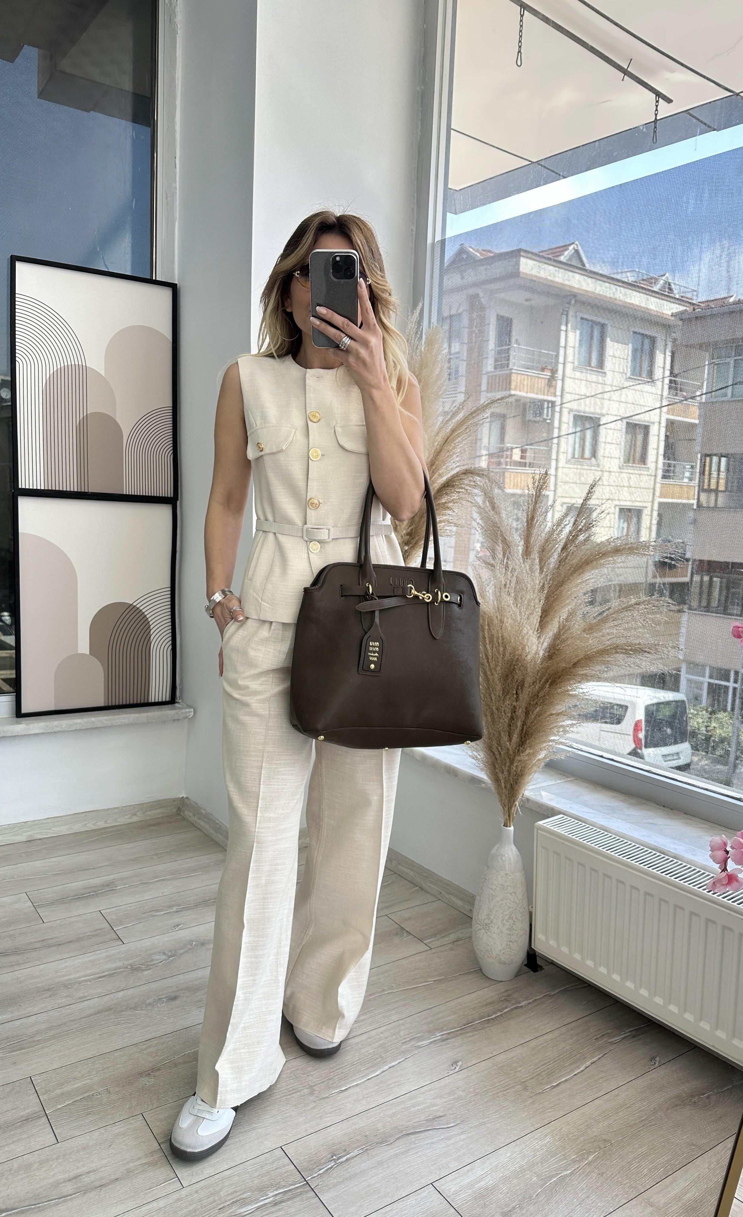 Bej Dökümlü Bol Paça Pantolon