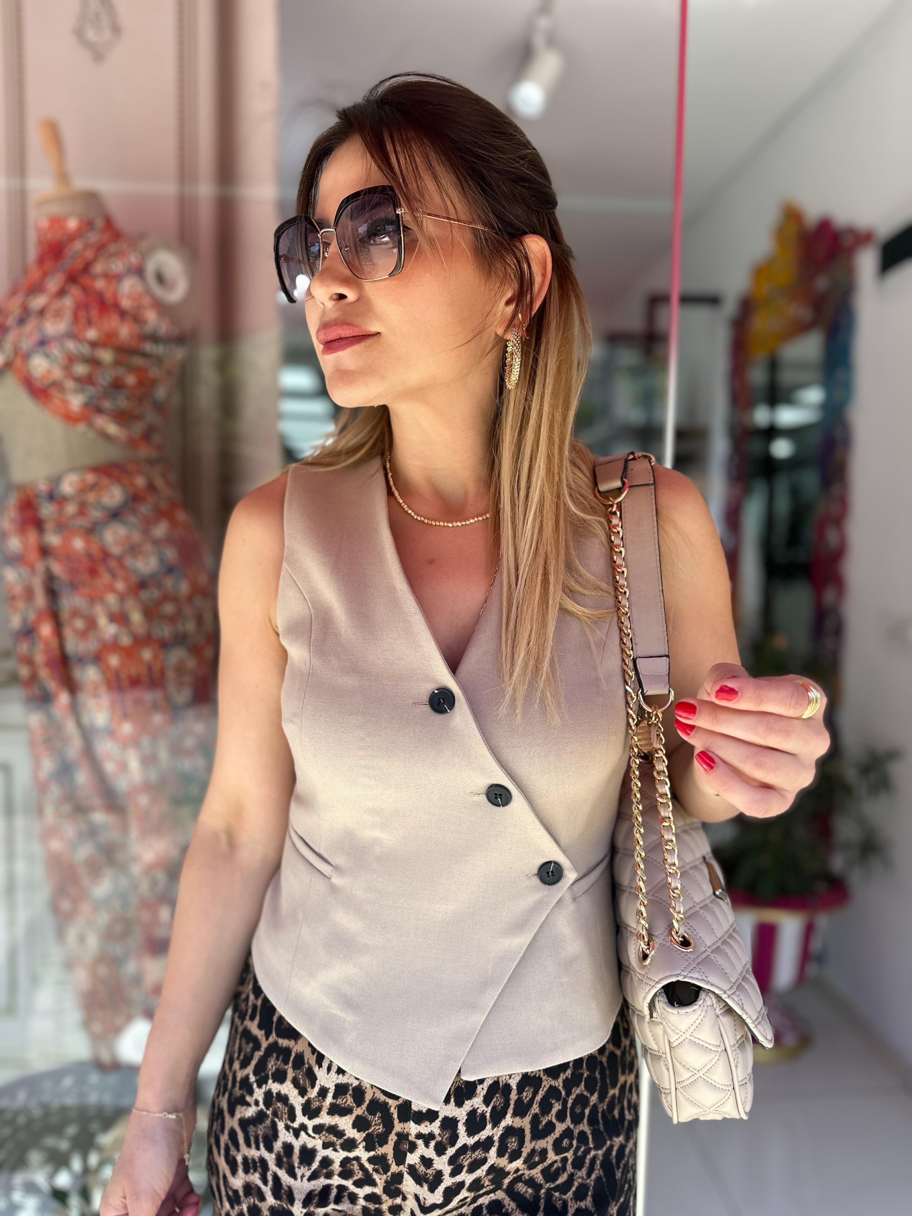 Bej Keten Asimetrik Yelek