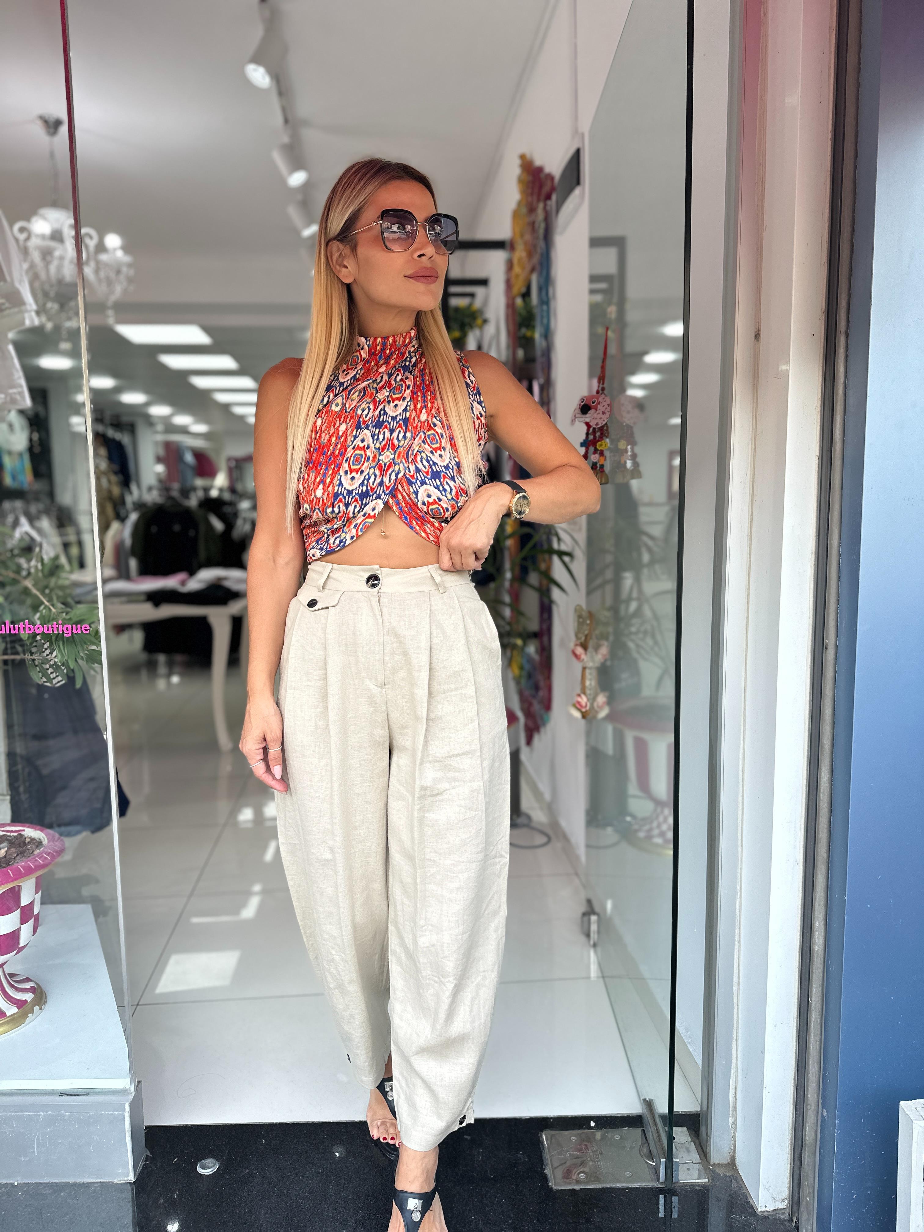 Bej Keten Paça Düğme Detaylı Pantolon 