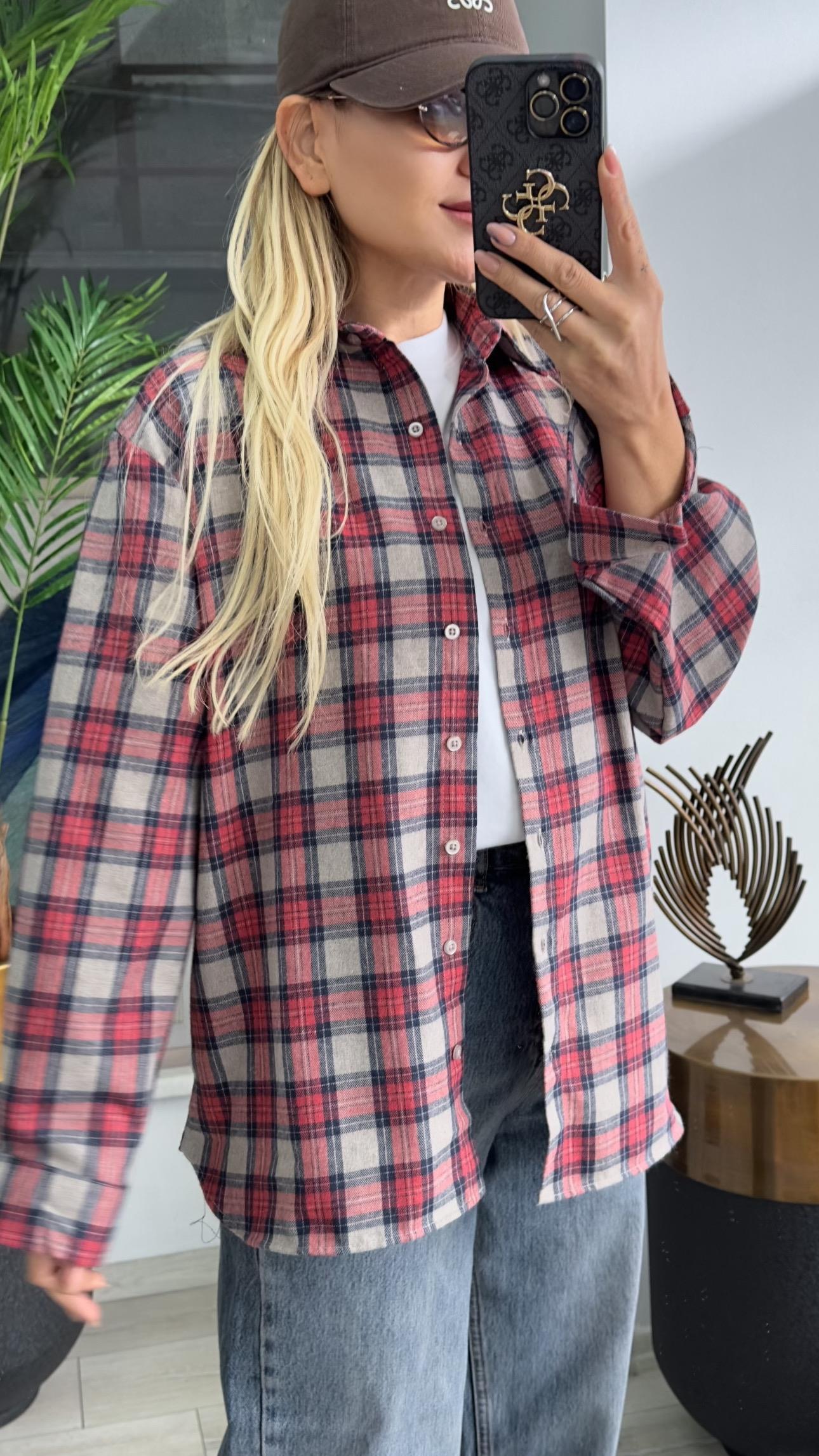 Bej Kırmızı Ekose Desenli Gömlek 