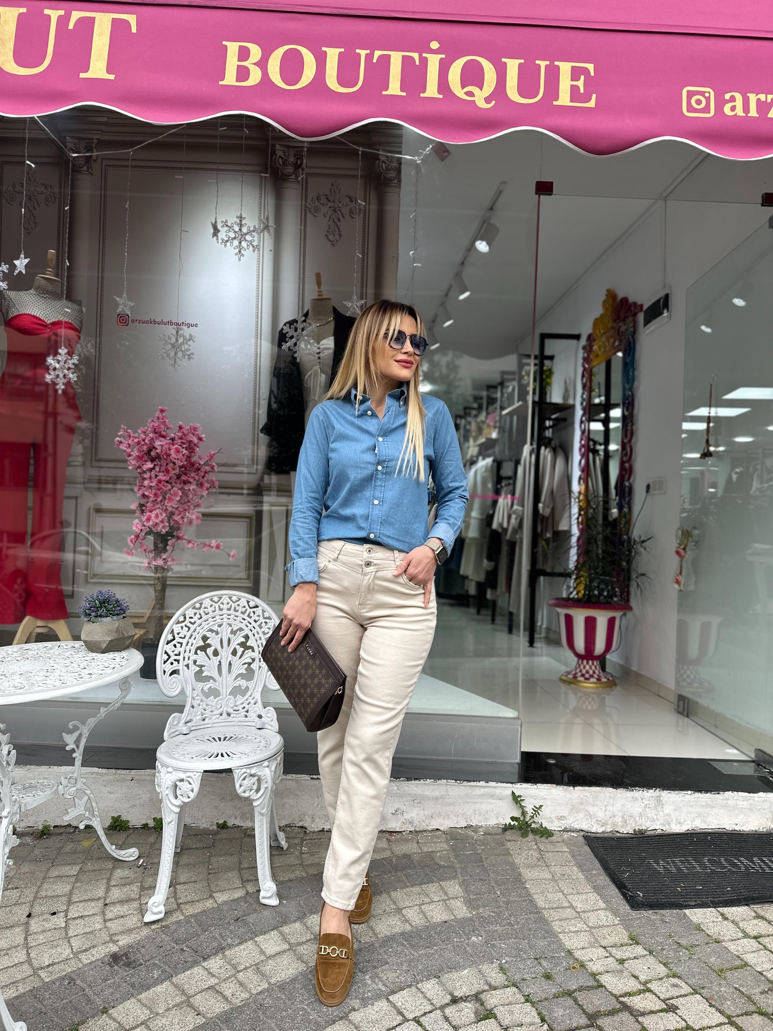 Bej Natural Kumaş Mom Jean 