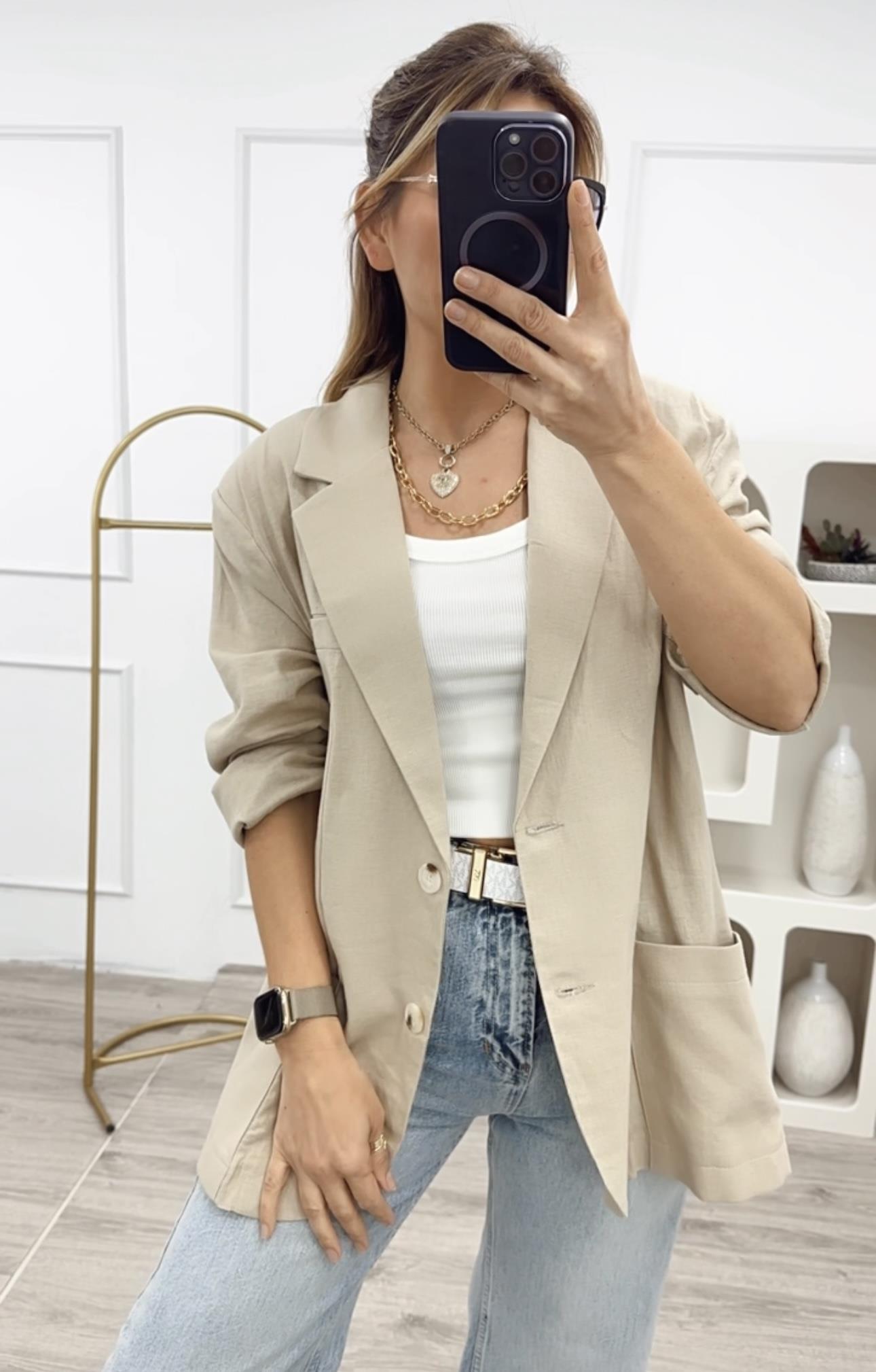 Bej Oversize İnce Keten Blazer