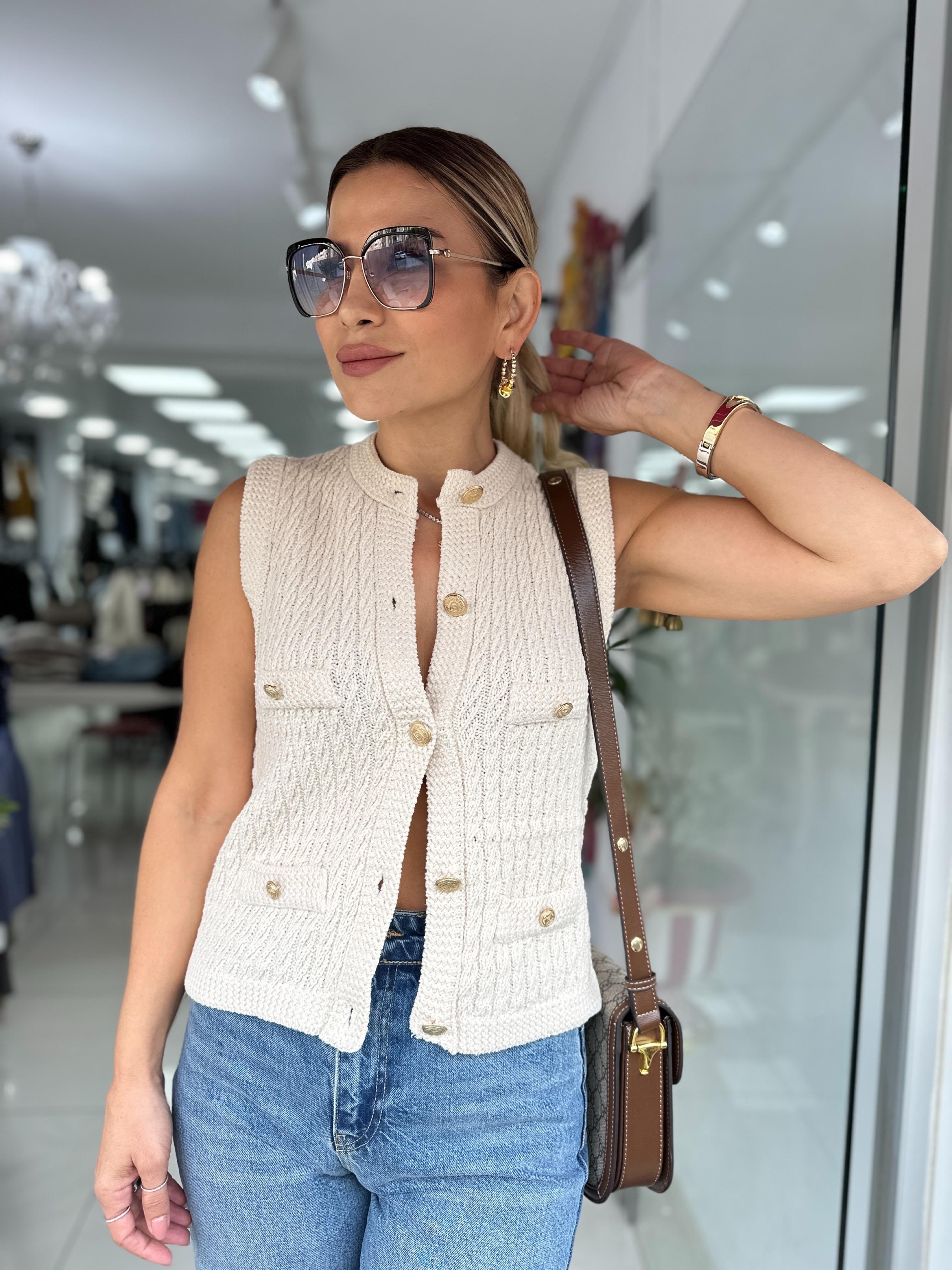 Bej Saç Örgü Triko Yelek 