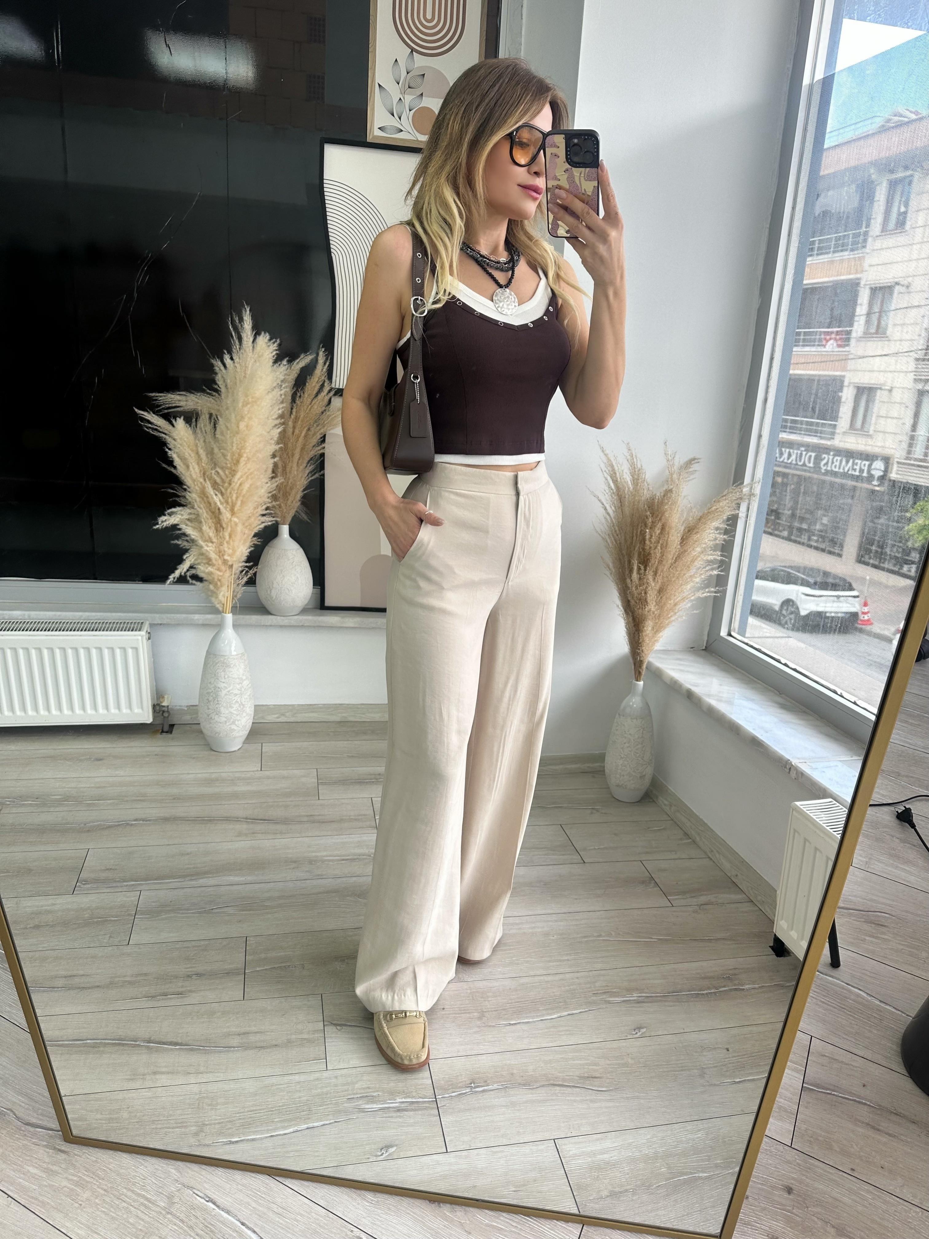 Bej Tensel Kumaş Pantolon