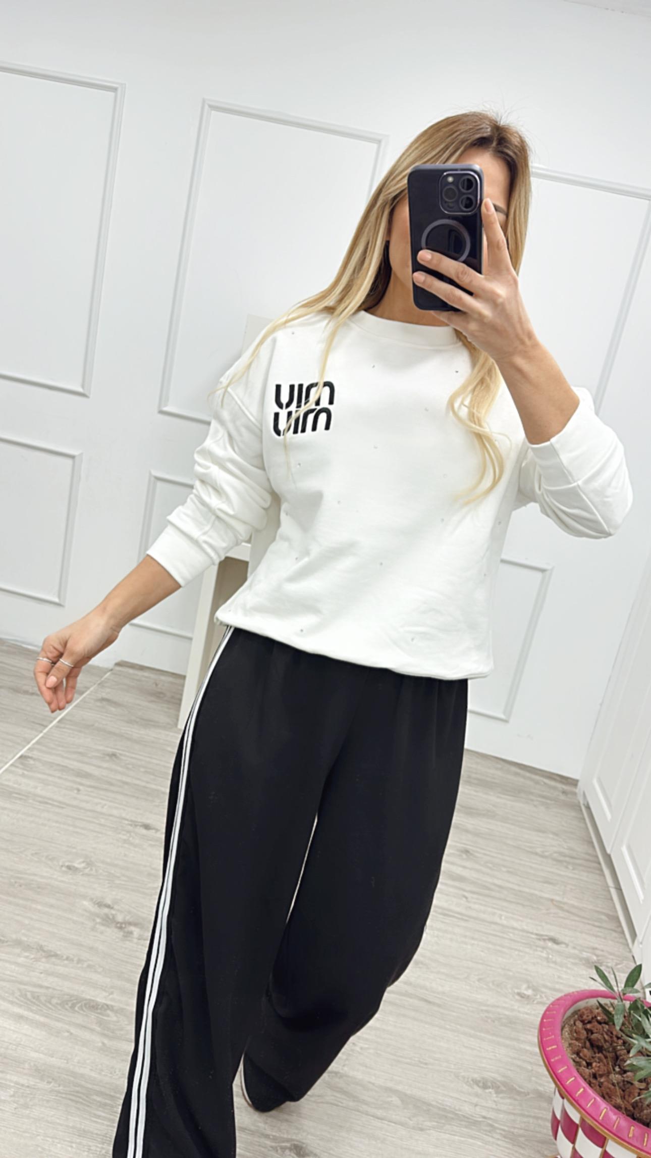 Beyaz Baskı Detay Taşlı Sweat 
